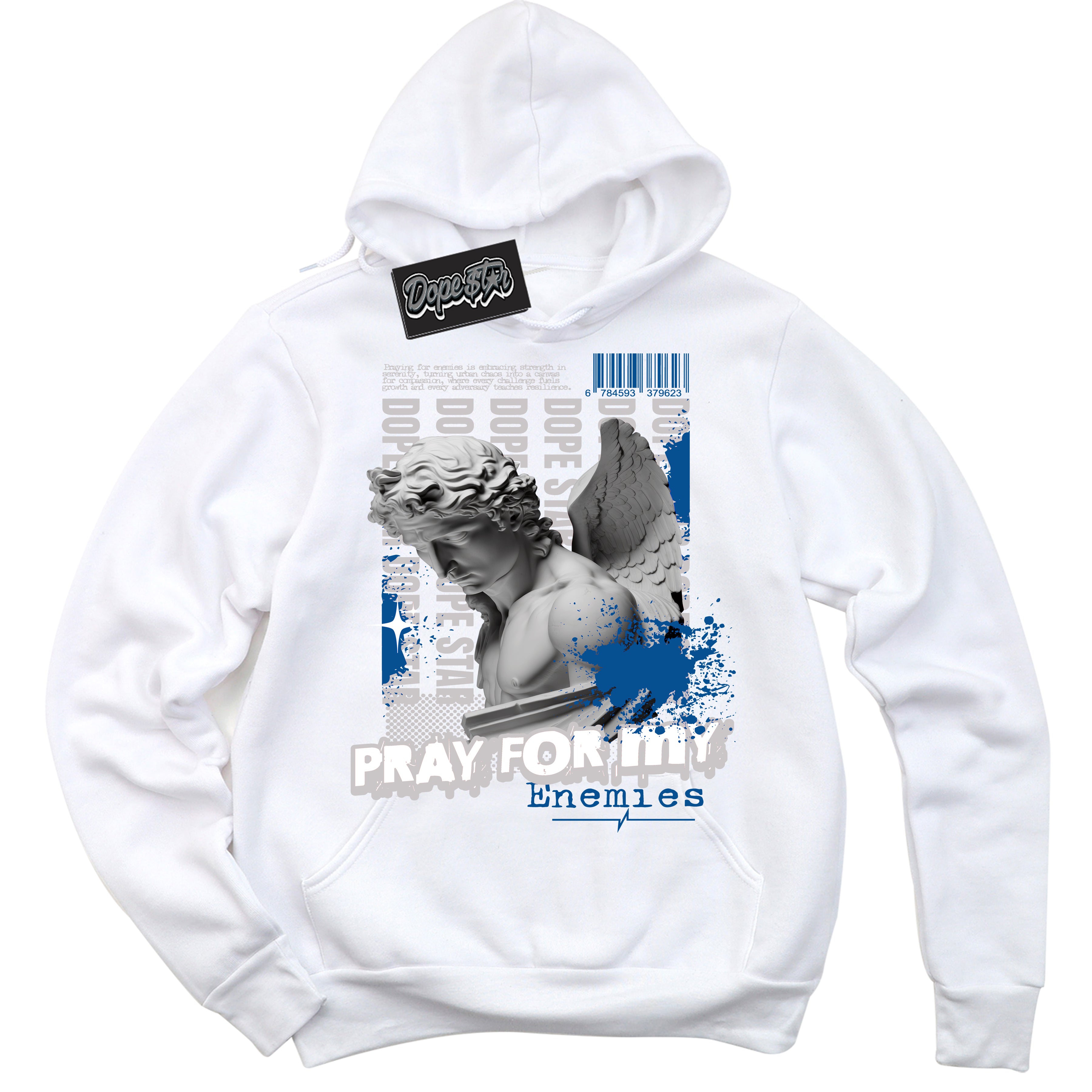 Cool White Hoodie with “ Pray Enemies ” design that Perfectly Matches Military Blue 4s Sneakers.