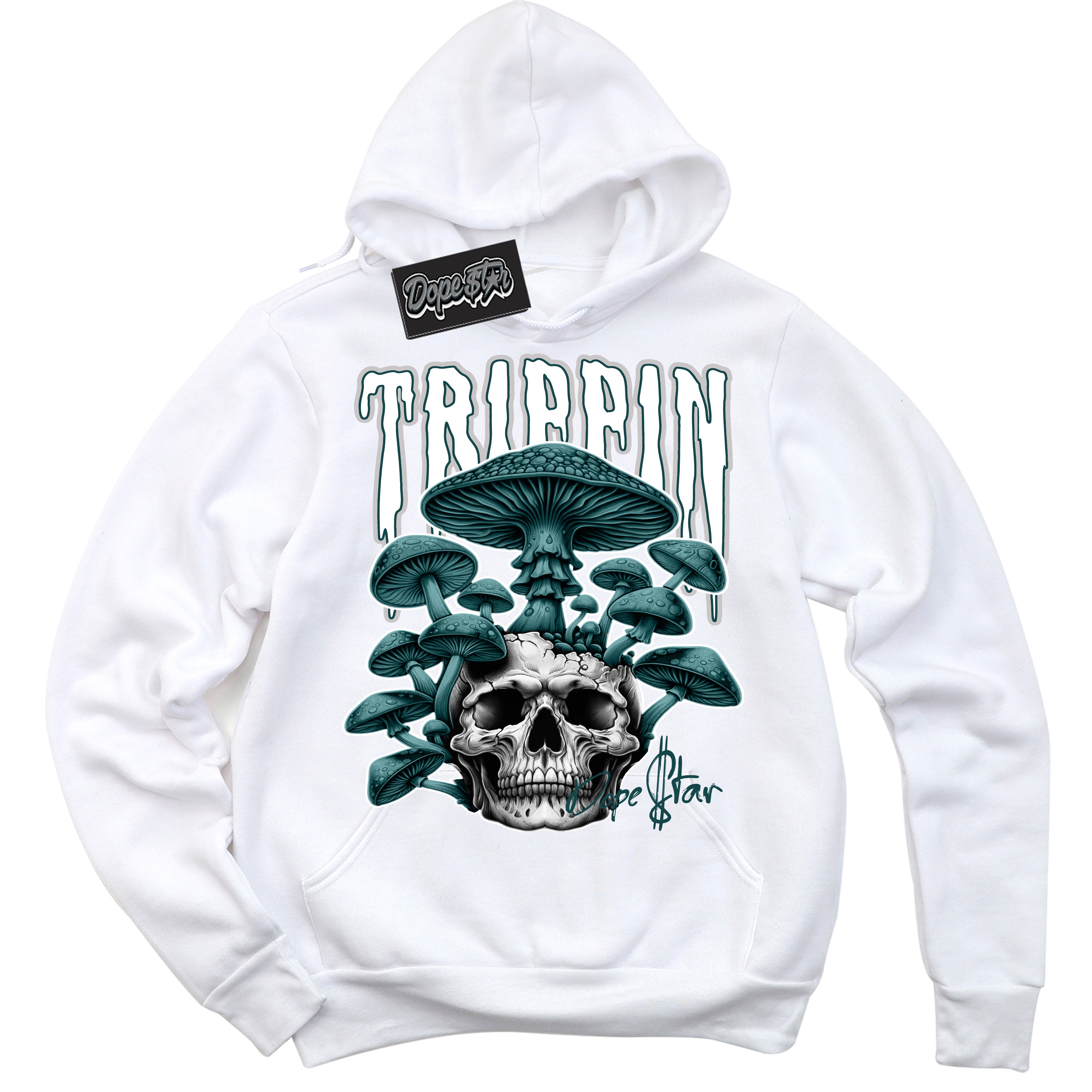 Cool White Hoodie with “ Trippin ” design that Perfectly Matches Oxidized Green 4s Jordans.