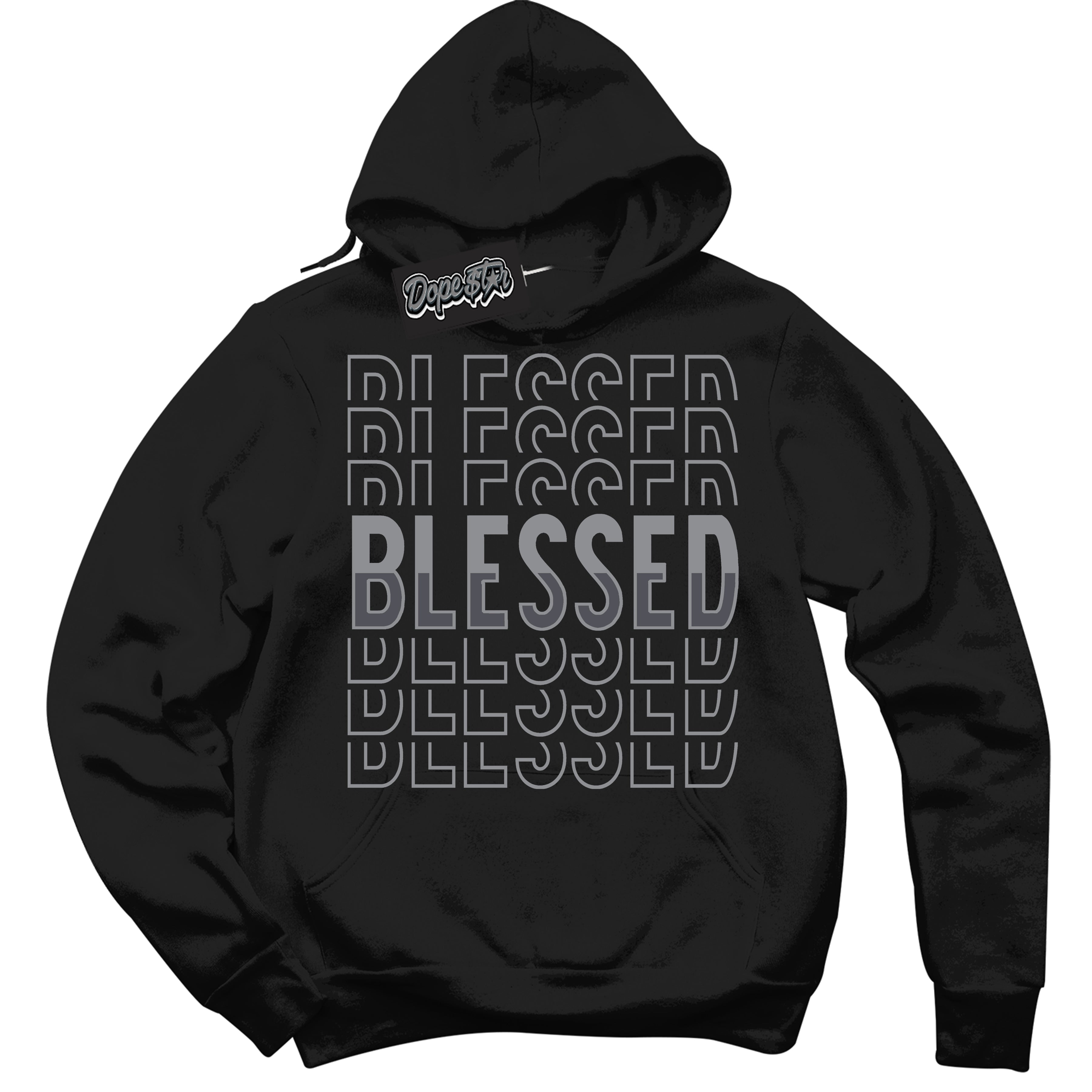 Cool Black Hoodie with “ Blessed Stacked ” design that Perfectly Matches Paris Olympics Wet Cement 4s Jordans.