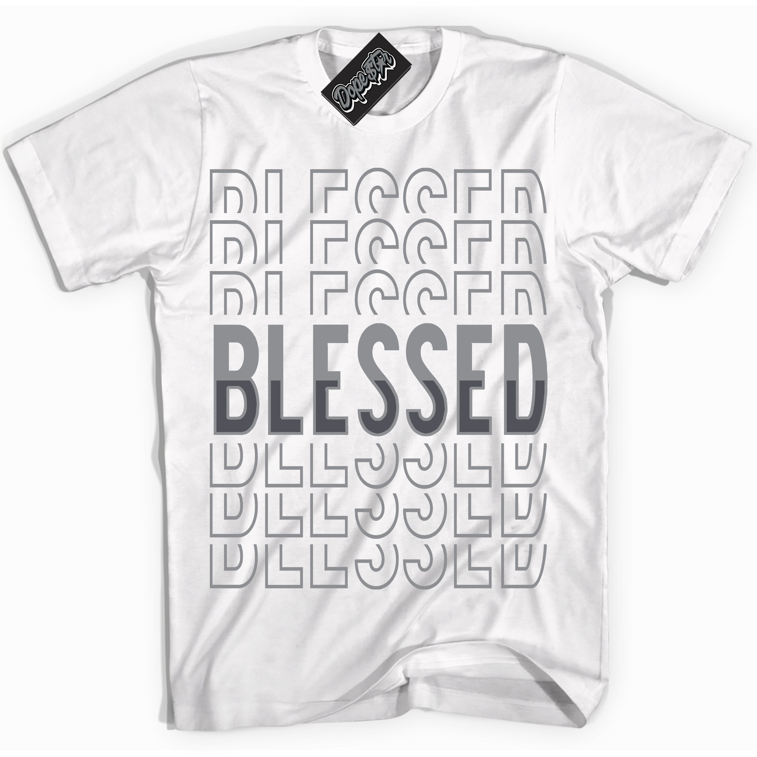 Cool White Shirt with “ Blessed Stacked ” design that perfectly matches Paris Olympics Wet Cement 4s Jordans.