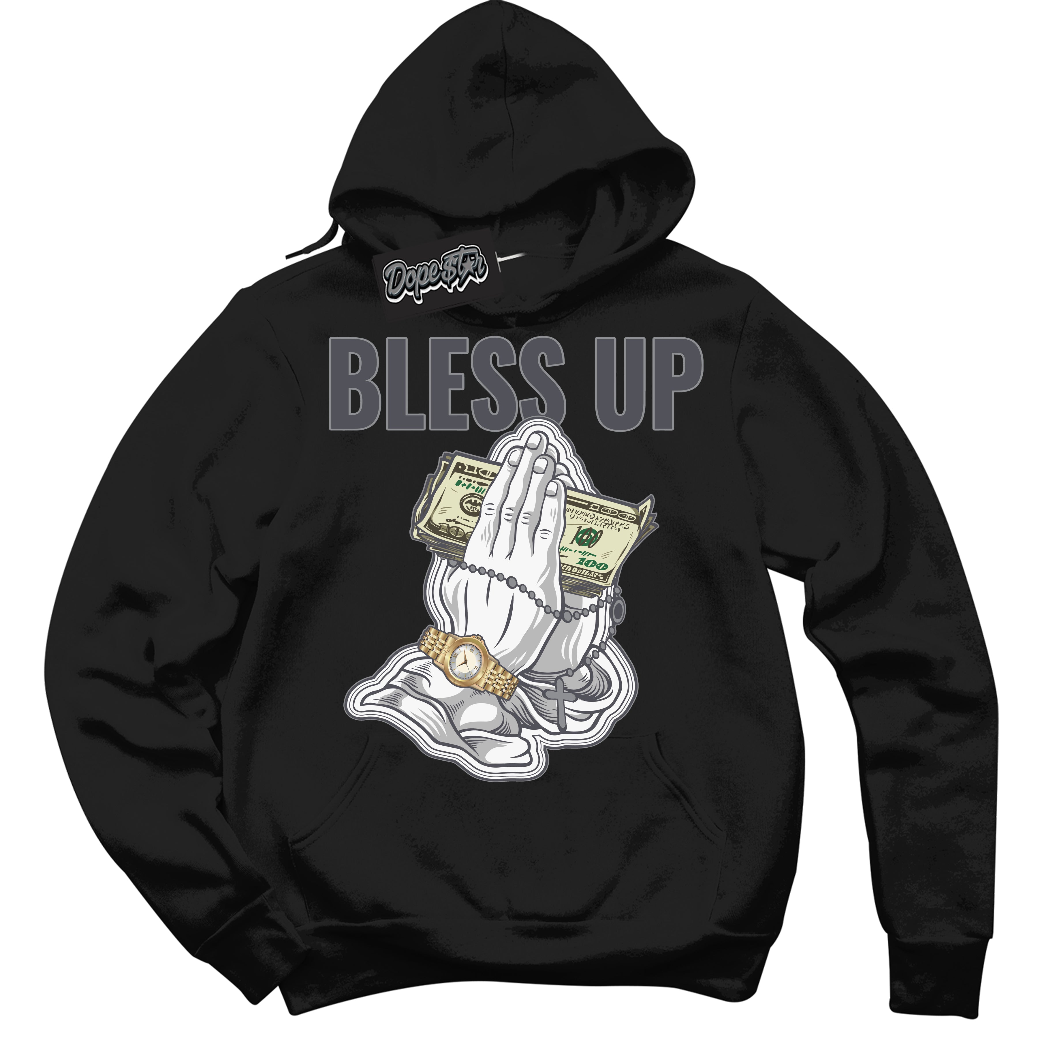 Cool Black Hoodie with “ Bless Up ” design that Perfectly Matches Paris Olympics Wet Cement 4s Jordans.