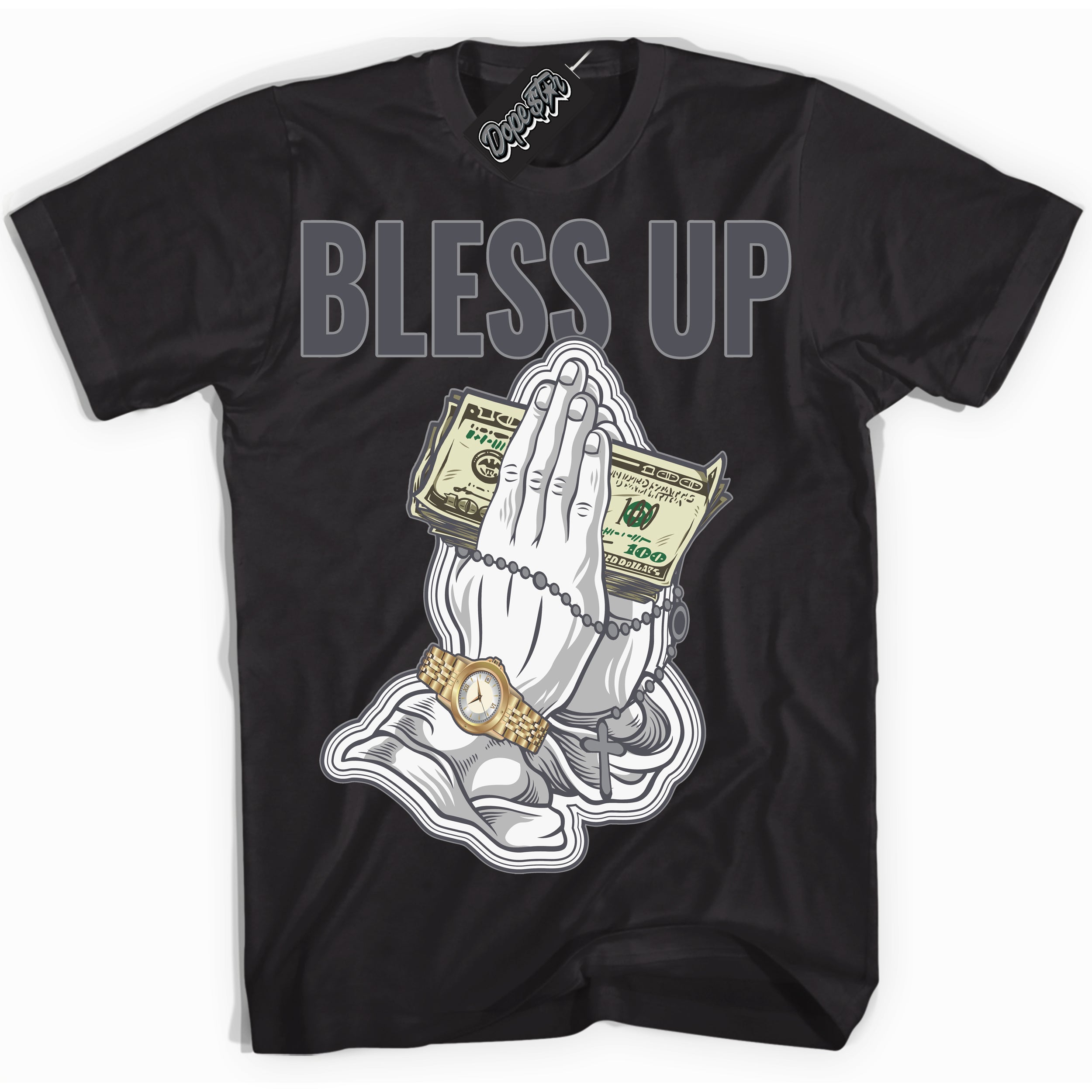 Cool Black Shirt with “ Bless Up ” design that perfectly matches Paris Olympics Wet Cement 4s Jordans.