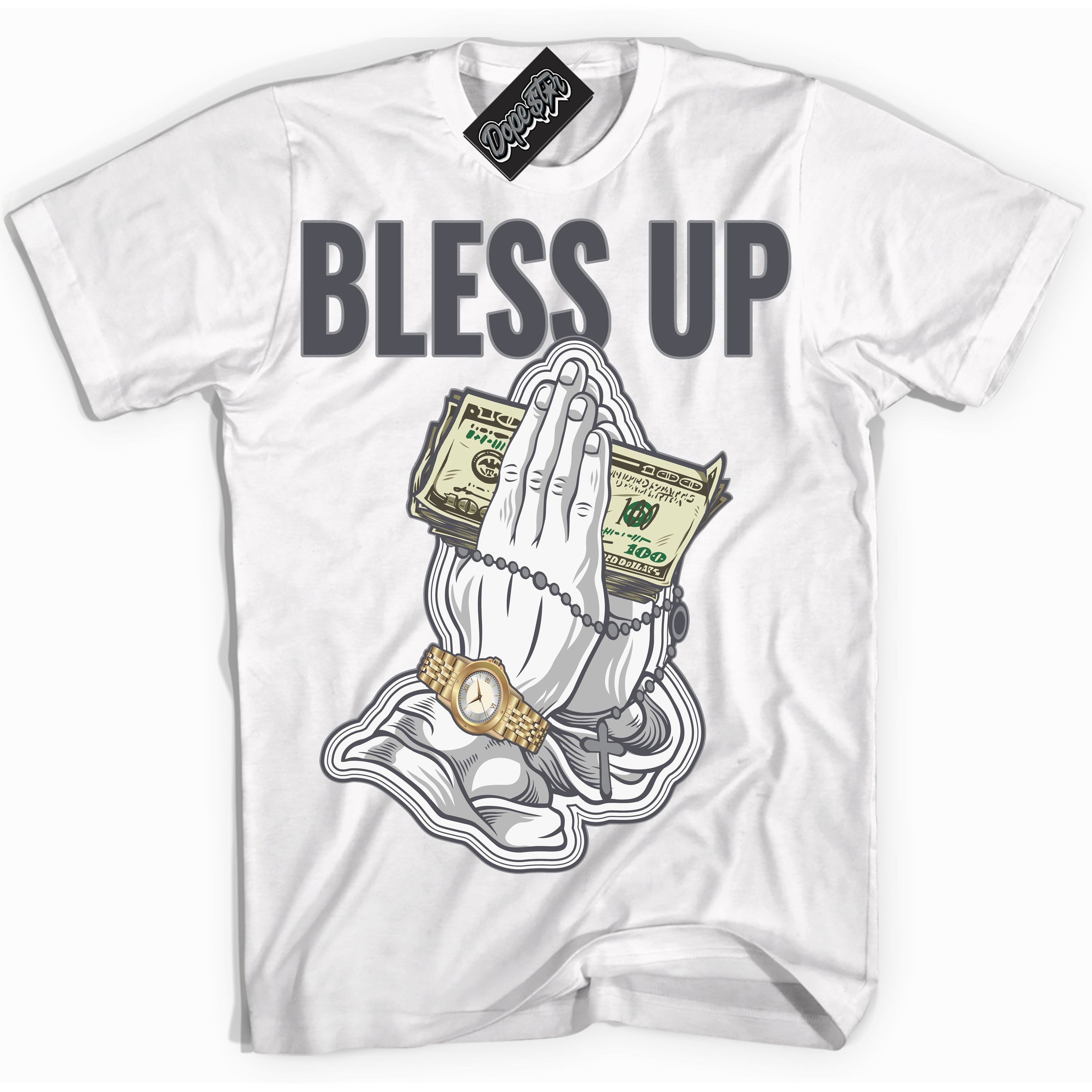 Cool White Shirt with “ Bless Up ” design that perfectly matches Paris Olympics Wet Cement 4s Jordans.