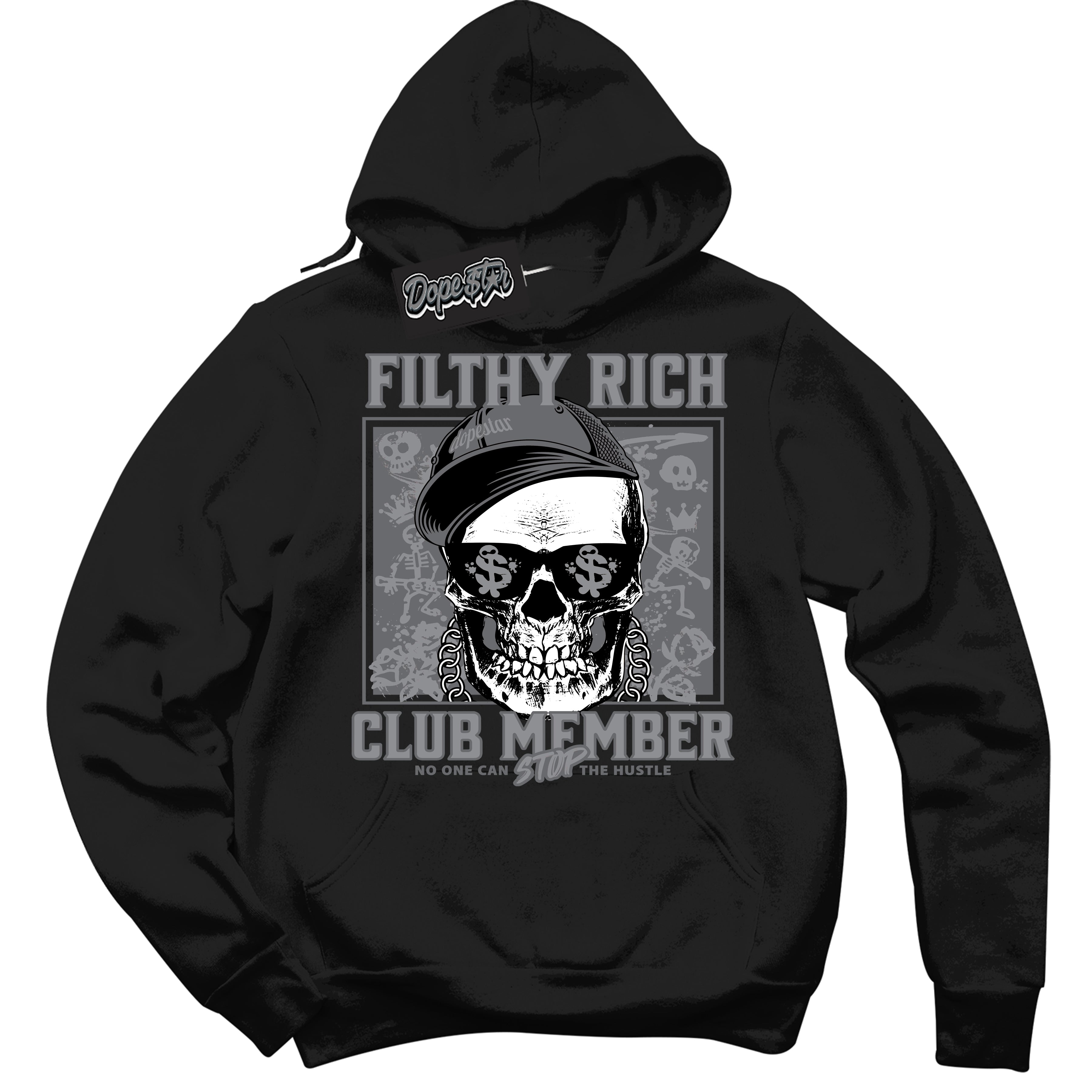 Cool Black Hoodie with “ Filthy Rich ” design that Perfectly Matches Paris Olympics Wet Cement 4s Jordans.