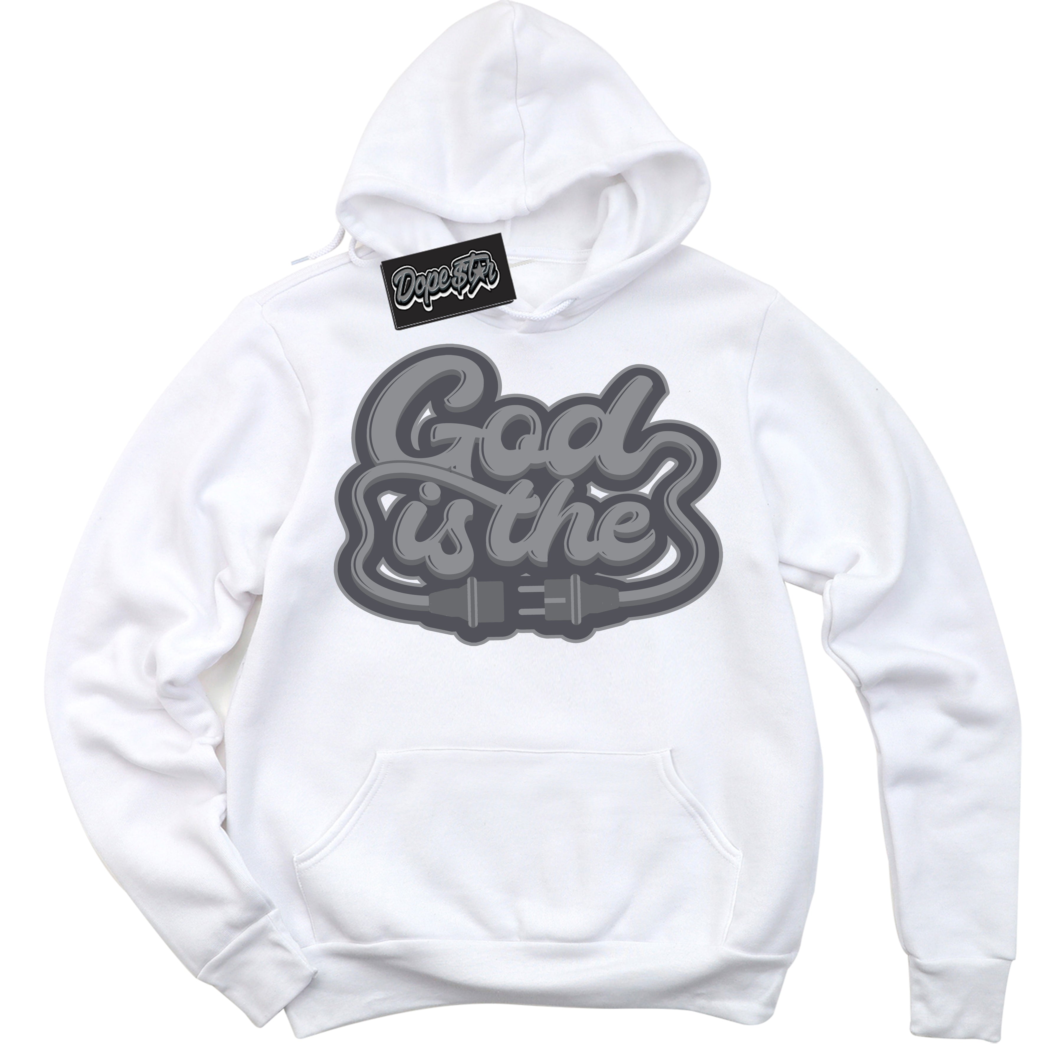 Cool White Hoodie with “ God Is The ” design that Perfectly Matches Paris Olympics Wet Cement 4s Jordans.