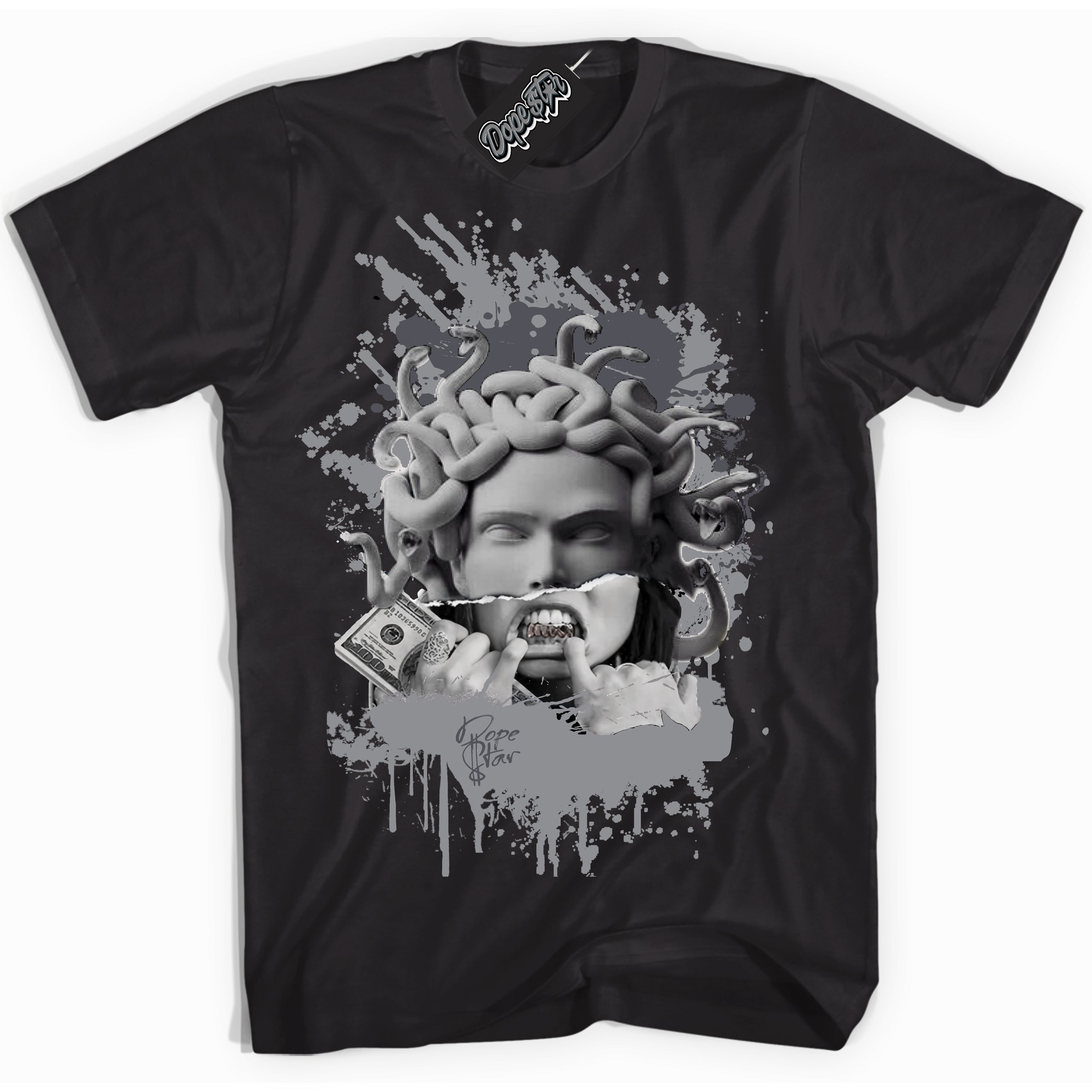 Cool Black Shirt with “ Medusa ” design that perfectly matches Paris Olympics Wet Cement 4s Jordans.