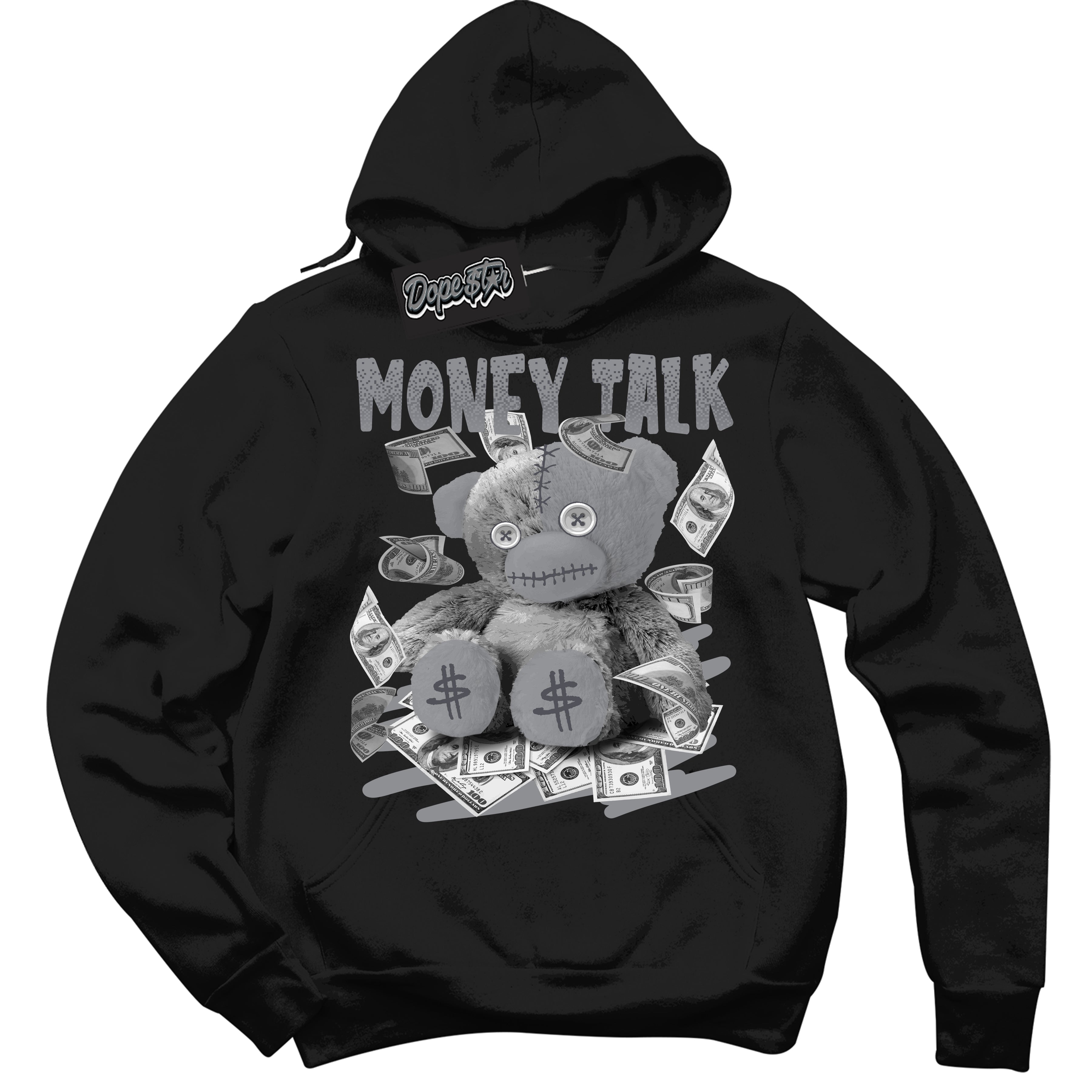 Cool Black Hoodie with “ Money Talk Bear ” design that Perfectly Matches Paris Olympics Wet Cement 4s Jordans.