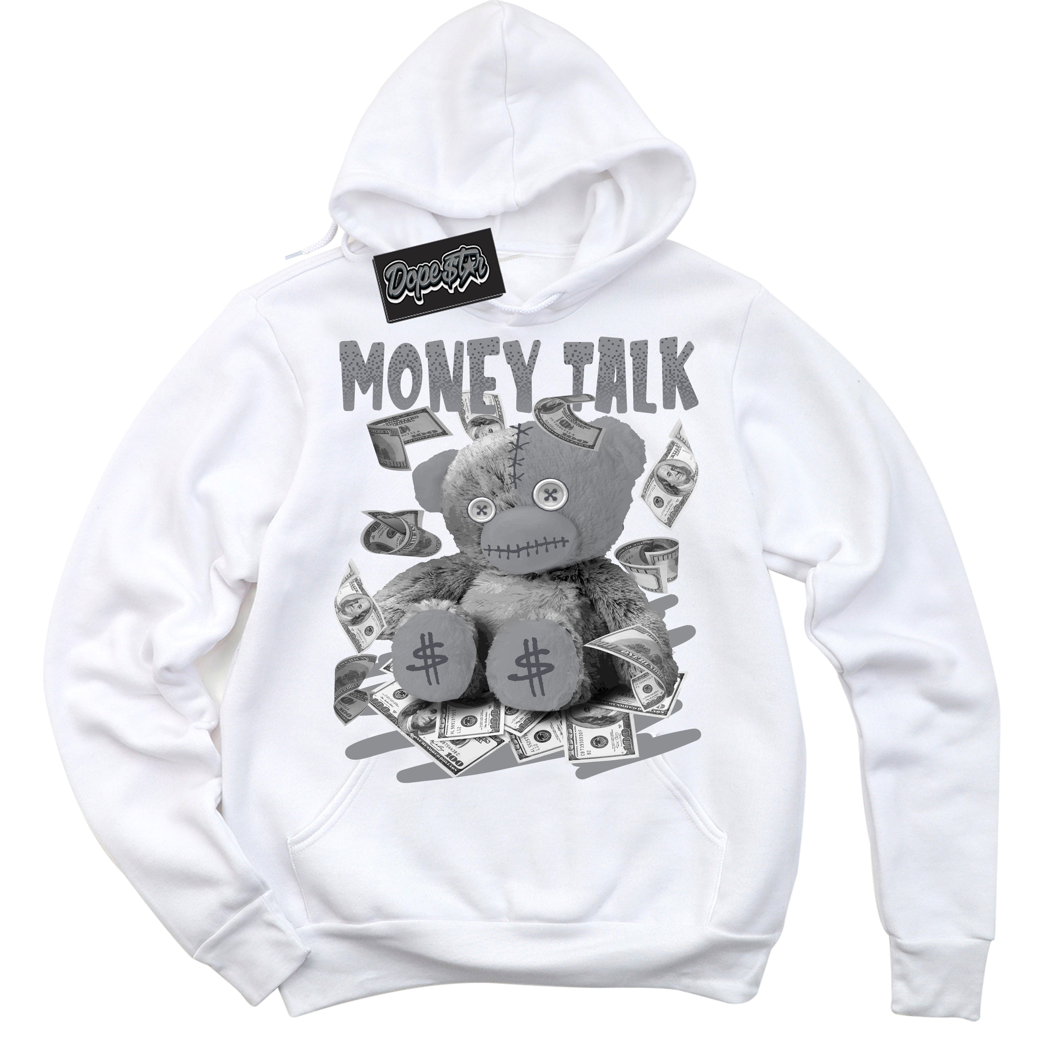Cool White Hoodie with “ Money Talk Bear ” design that Perfectly Matches Paris Olympics Wet Cement 4s Jordans.