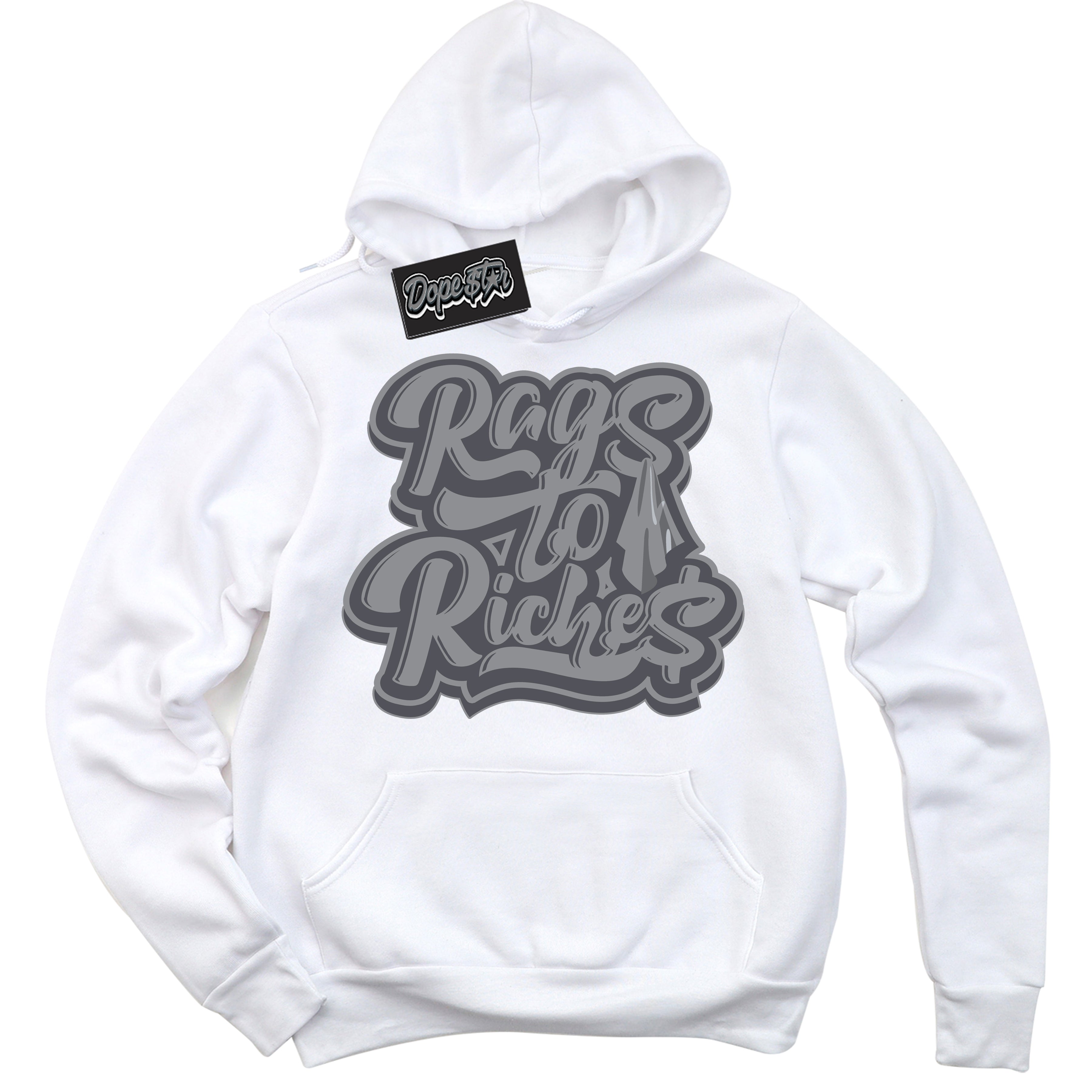 Cool White Hoodie with “ Rags To Riches ” design that Perfectly Matches Paris Olympics Wet Cement 4s Jordans.