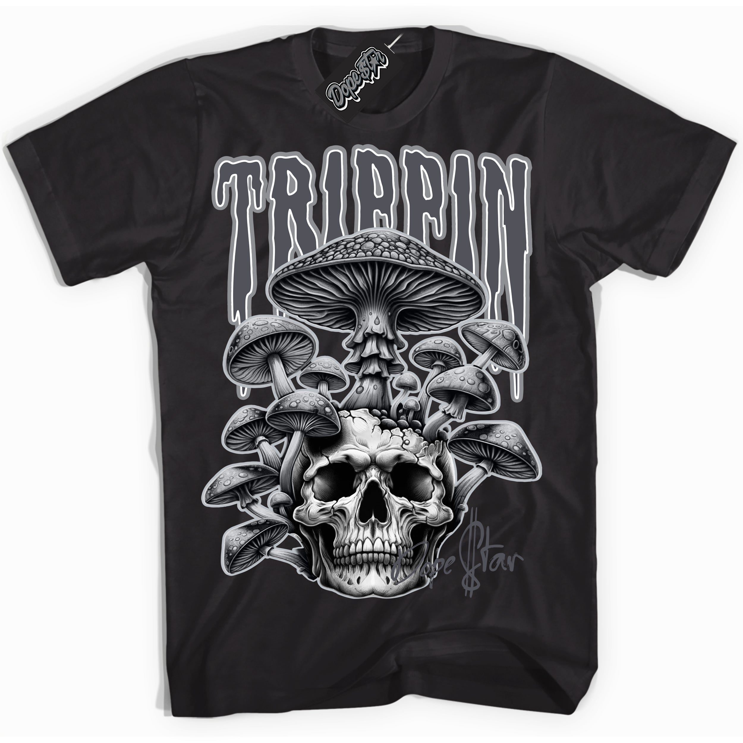 Cool Black Shirt with “ Trippin ” design that perfectly matches Paris Olympics Wet Cement 4s Jordans.