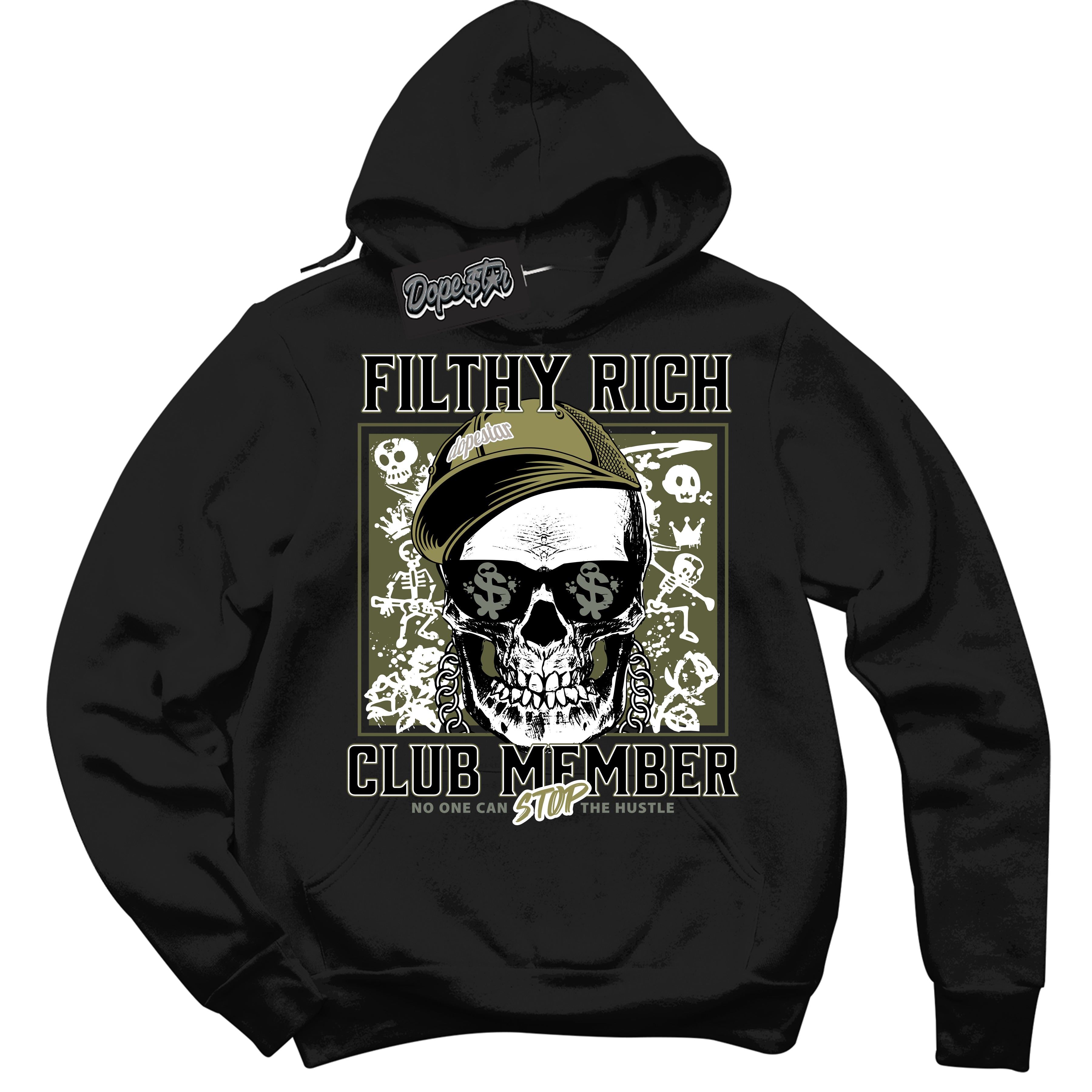 Cool Black Hoodie with “ Filthy Rich ” design that Perfectly Matches Craft Olive 4s Sneakers.