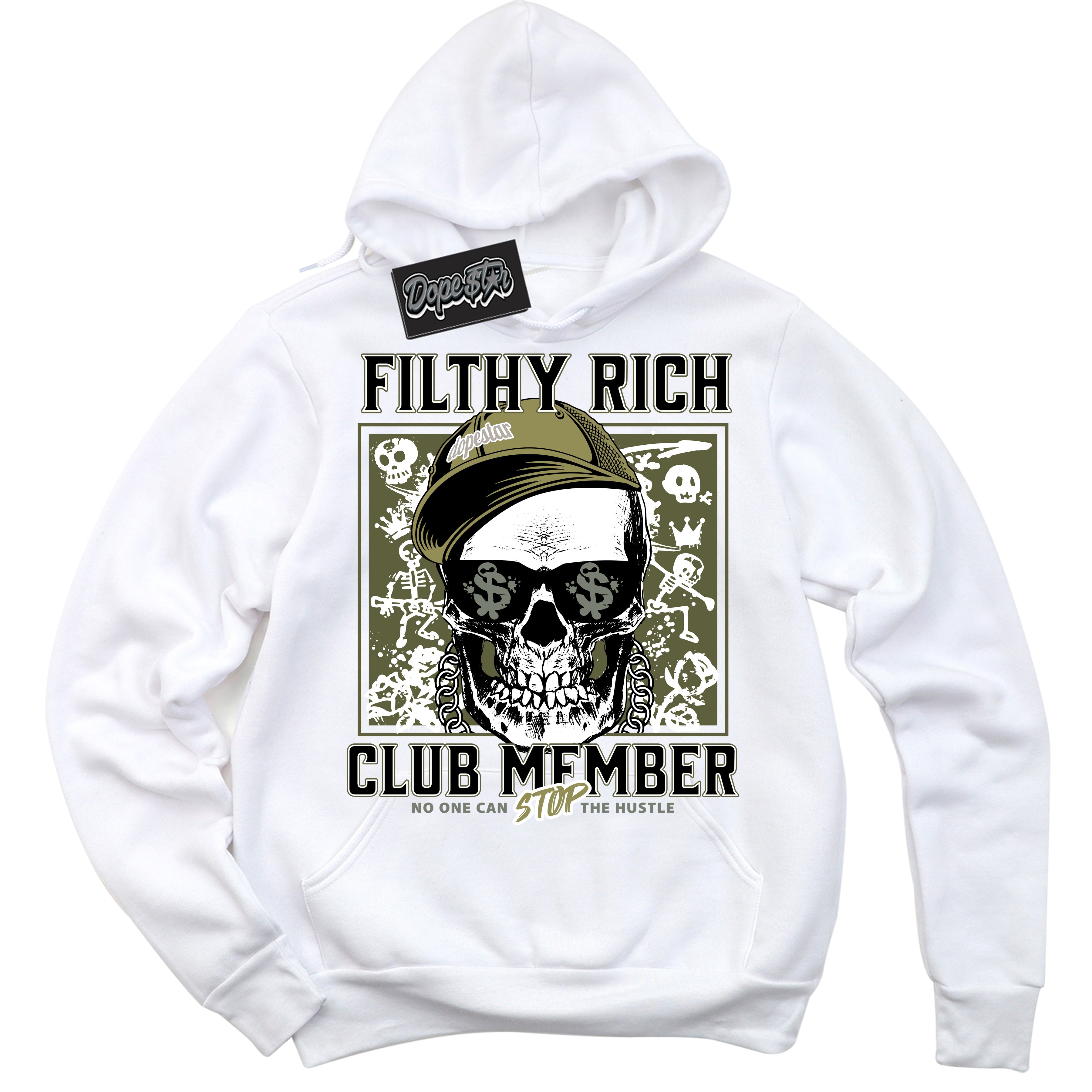 Cool White Hoodie with “ Filthy Rich ” design that Perfectly Matches Craft Olive 4s Sneakers.
