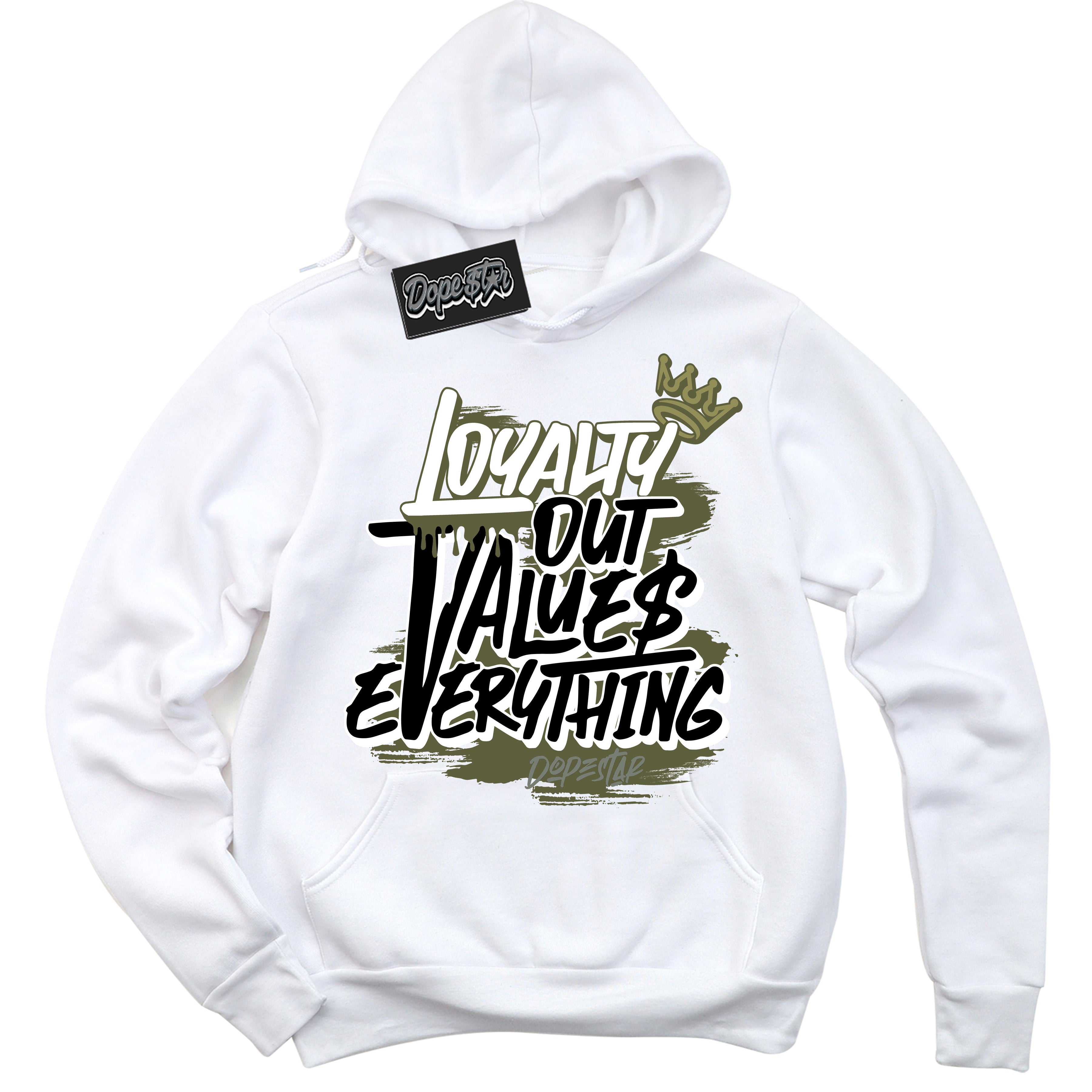Cool White Hoodie with “ Loyalty Out Values Everything ” design that Perfectly Matches Craft Olive 4s Sneakers.