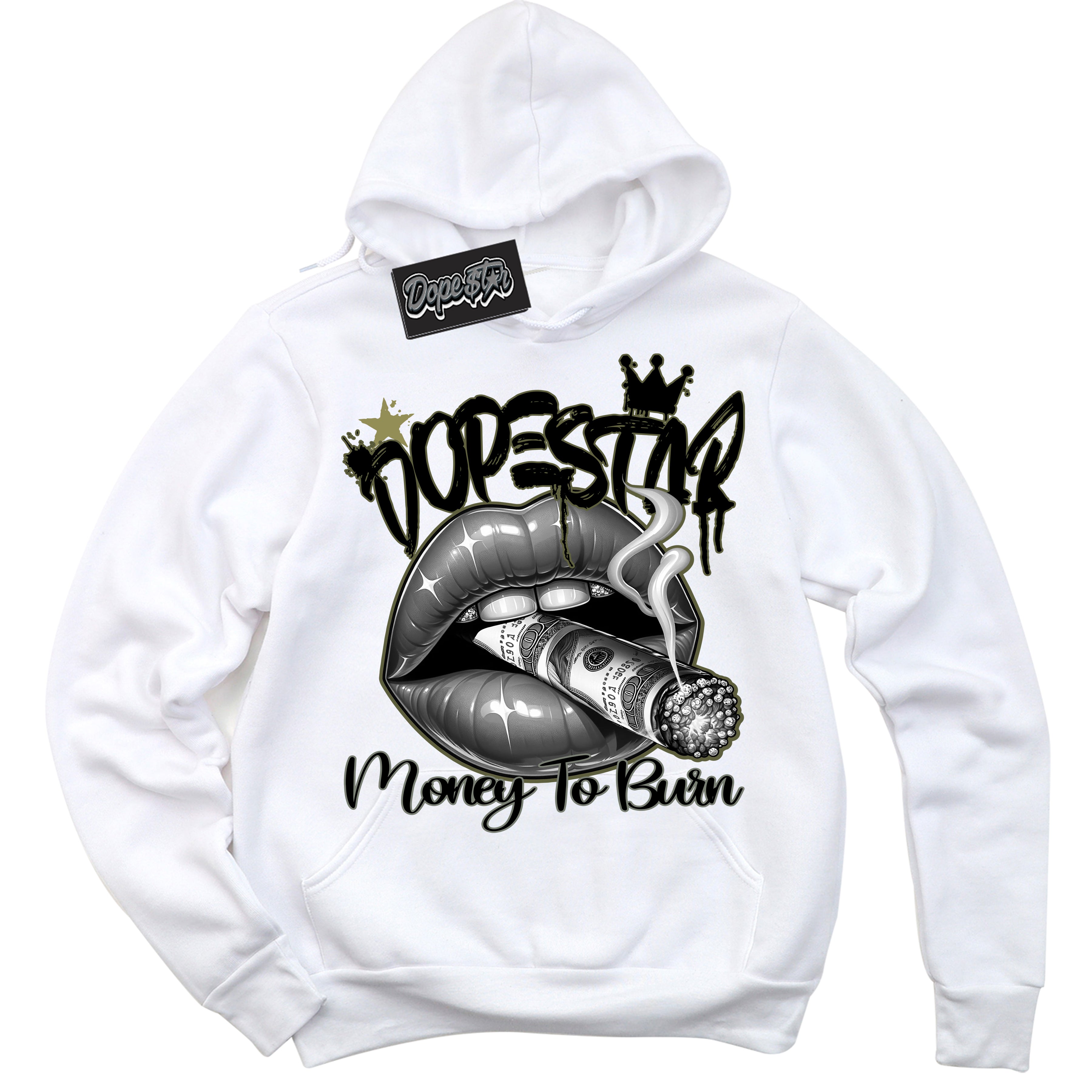 Cool White Hoodie with “ Money To Burn ” design that Perfectly Matches Craft Olive 4s Sneakers.