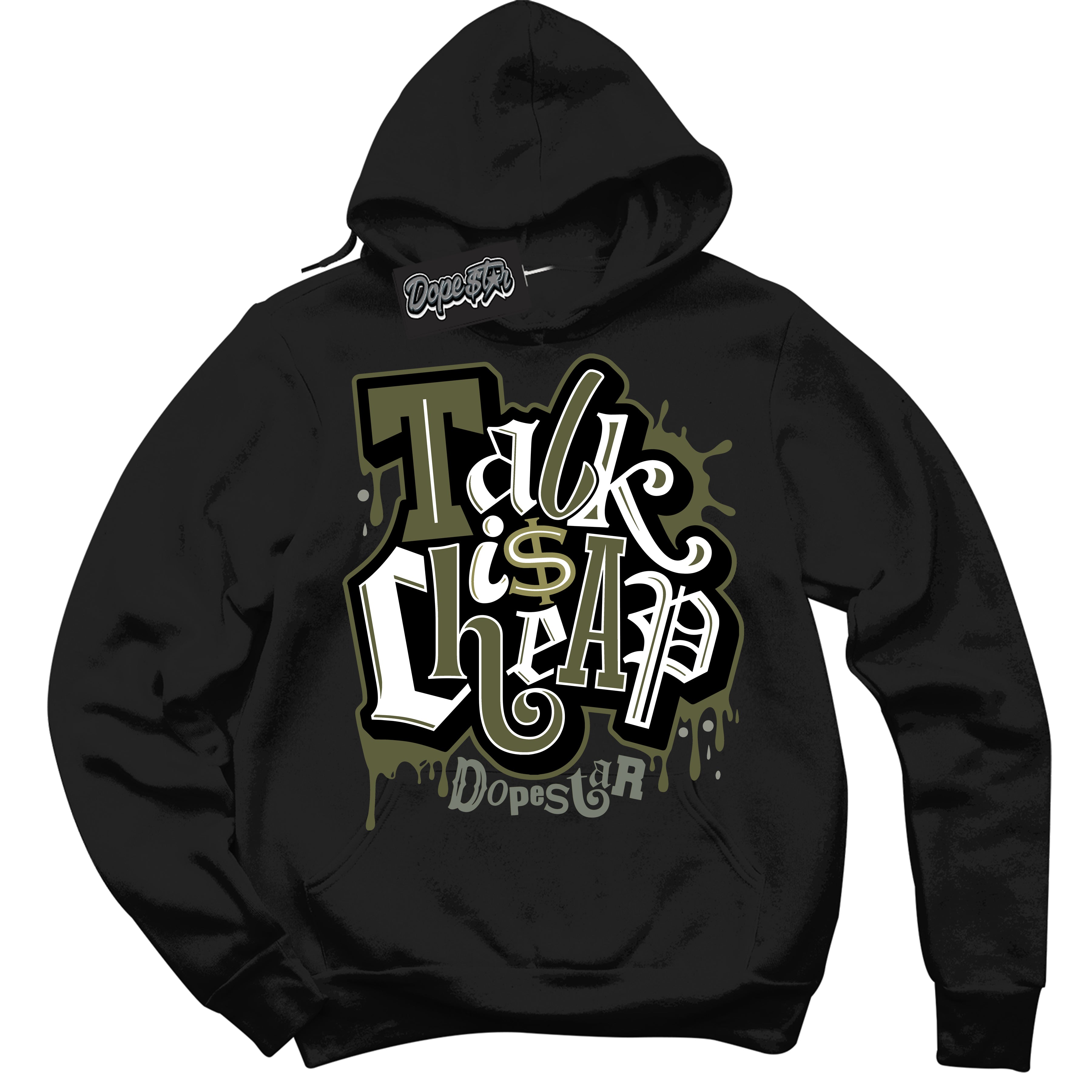 Cool Black Hoodie with “ Talk Is Cheap ” design that Perfectly Matches Craft Olive 4s Sneakers.