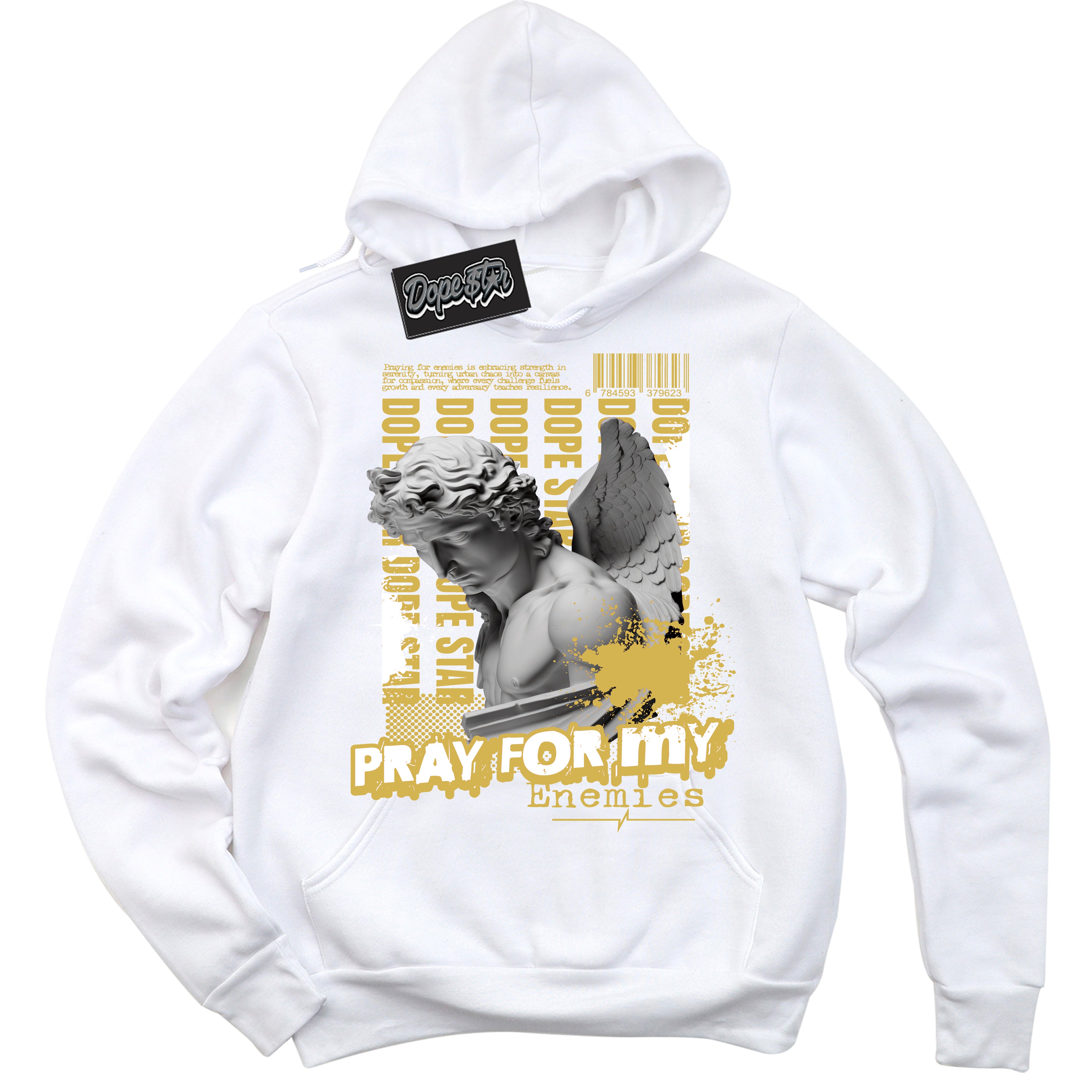 Cool White Hoodie with “ Pray Enemies ” design that Perfectly Matches Metallic Gold 4s Sneakers.