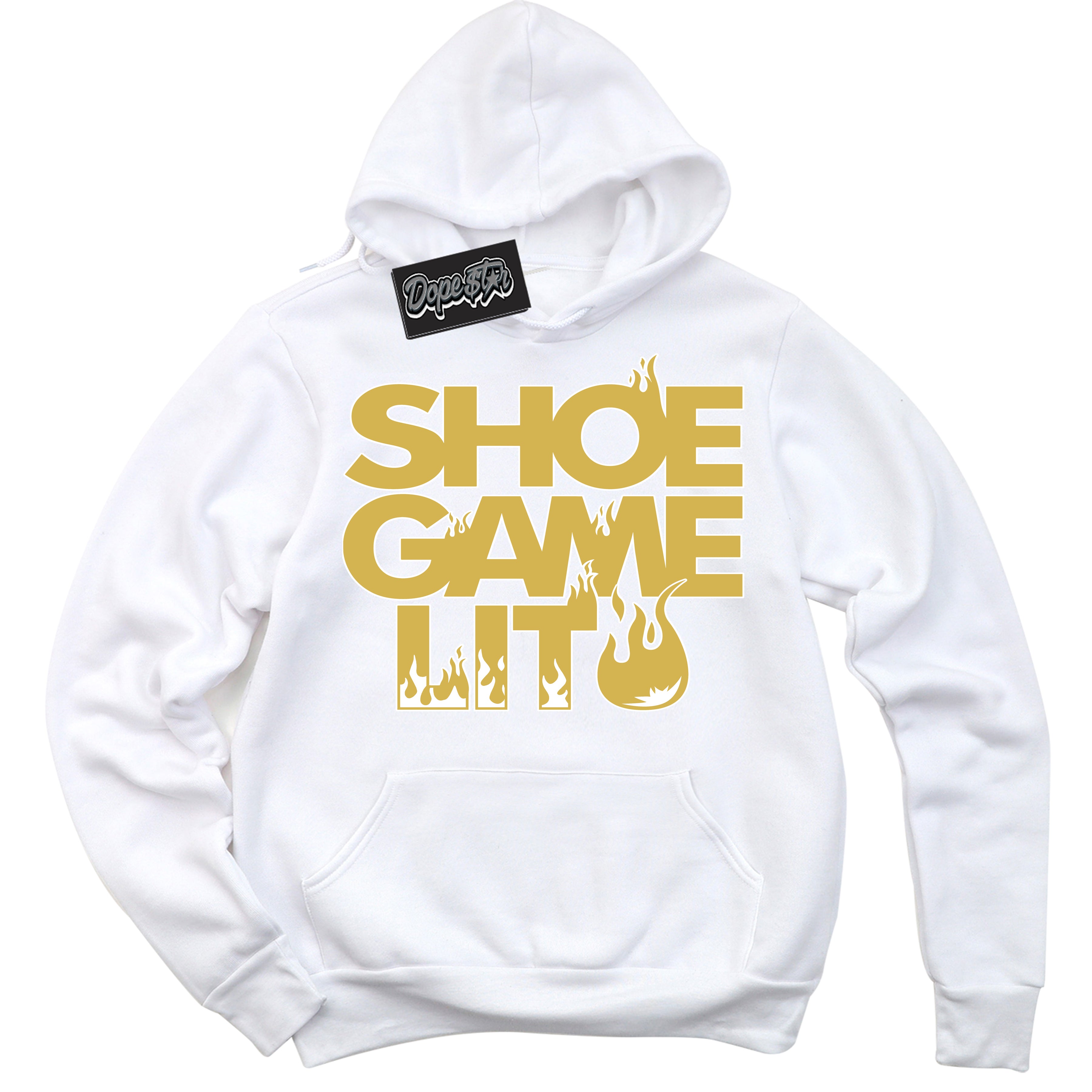 Cool White Hoodie with “ Shoe Game Lit '' design that Perfectly Matches Metallic Gold 4s Sneakers.