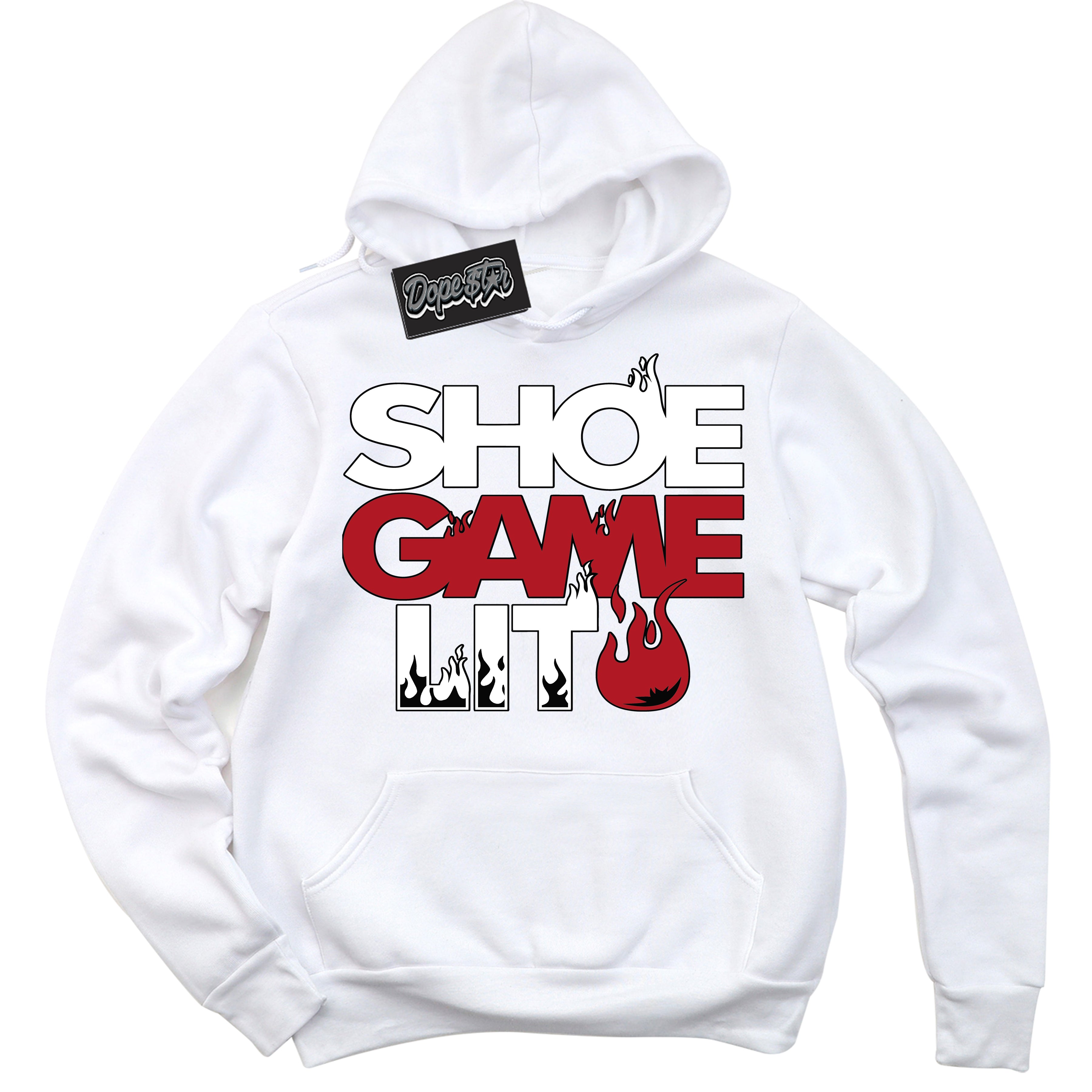 Cool White Hoodie with “ Shoe Game Lit '' design that Perfectly Matches Red Cement 4s Sneakers.