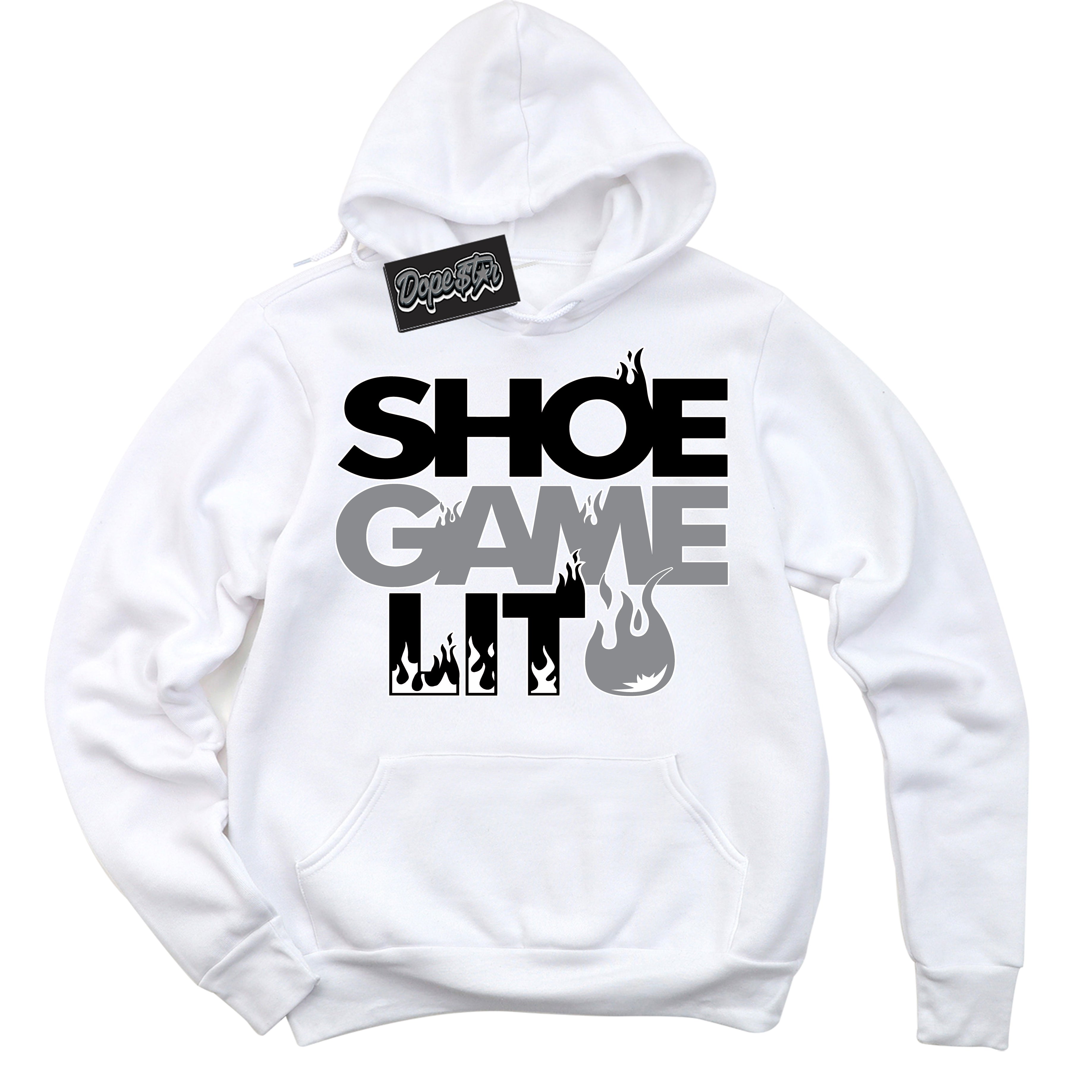 Cool White Hoodie with “ Shoe Game Lit '' design that Perfectly Matches Black Canvas 4s Sneakers.