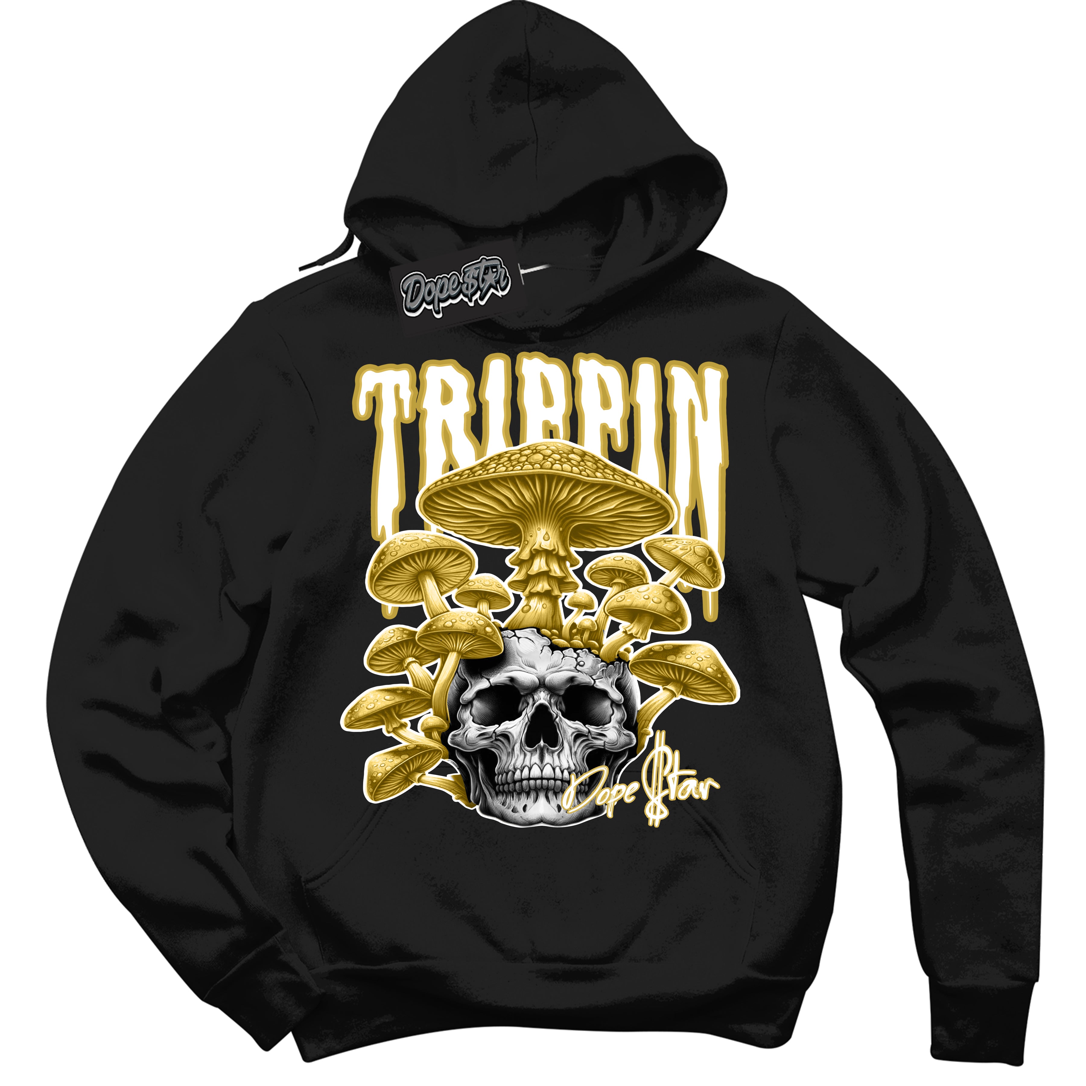 Cool Black Hoodie with “ Trippin” design that Perfectly Matches Sail Metallic Gold 4s Sneakers.