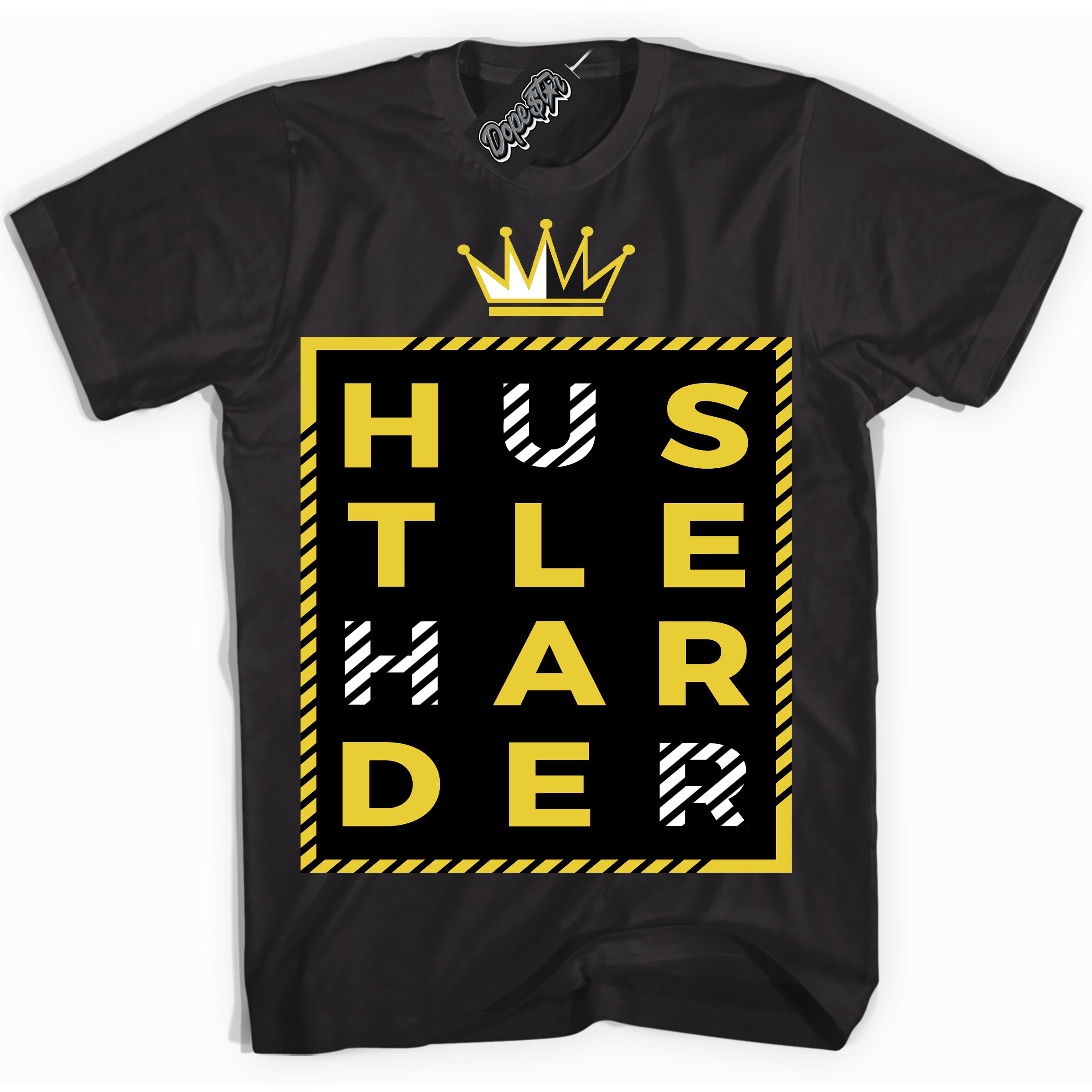 Cool Black Shirt with “ Hustle Harder” design that perfectly matches Vivid Sulfur 4s Jordans.