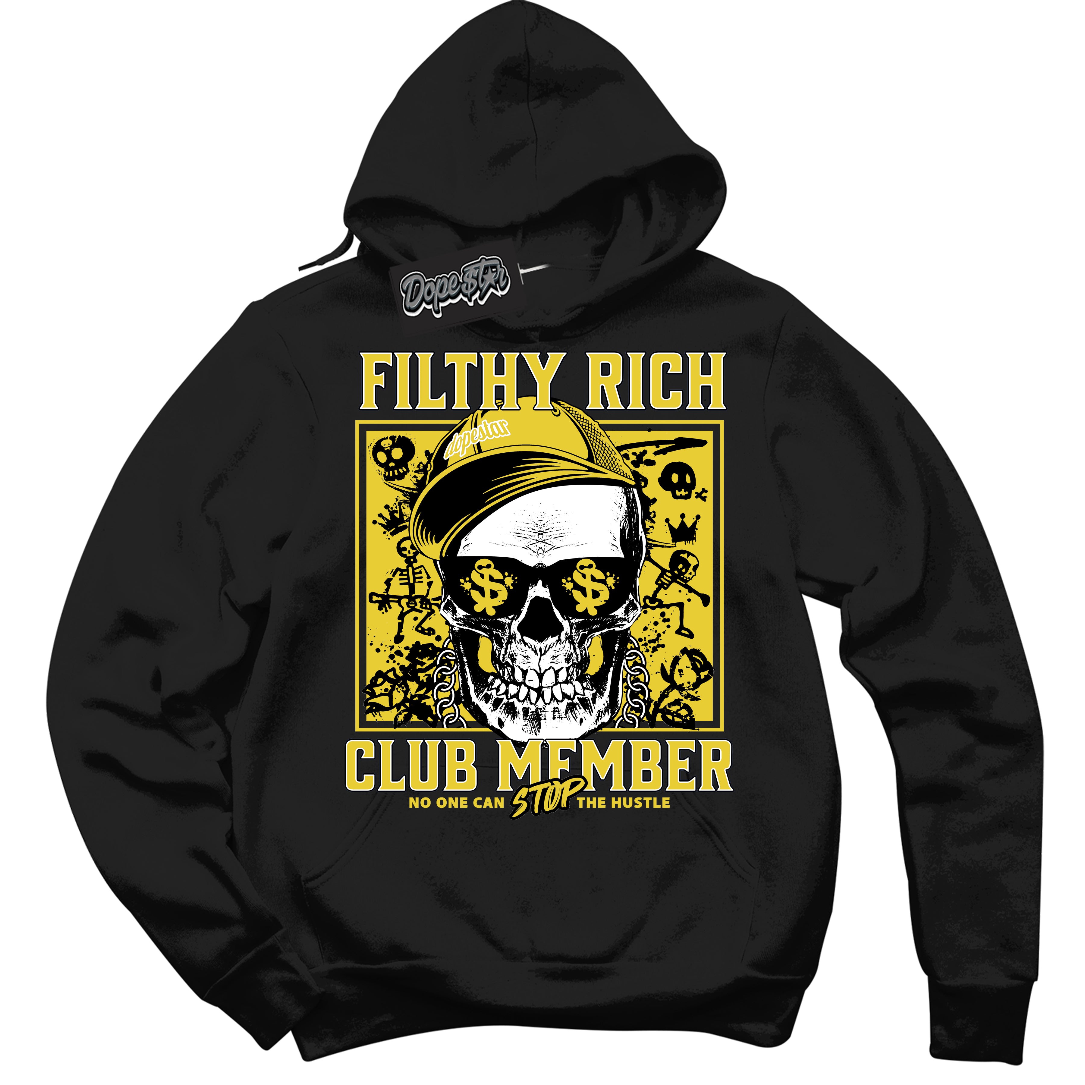 Cool Black Hoodie with “ Filthy Rich ” design that Perfectly Matches Vivid Sulfur 4s Sneakers.