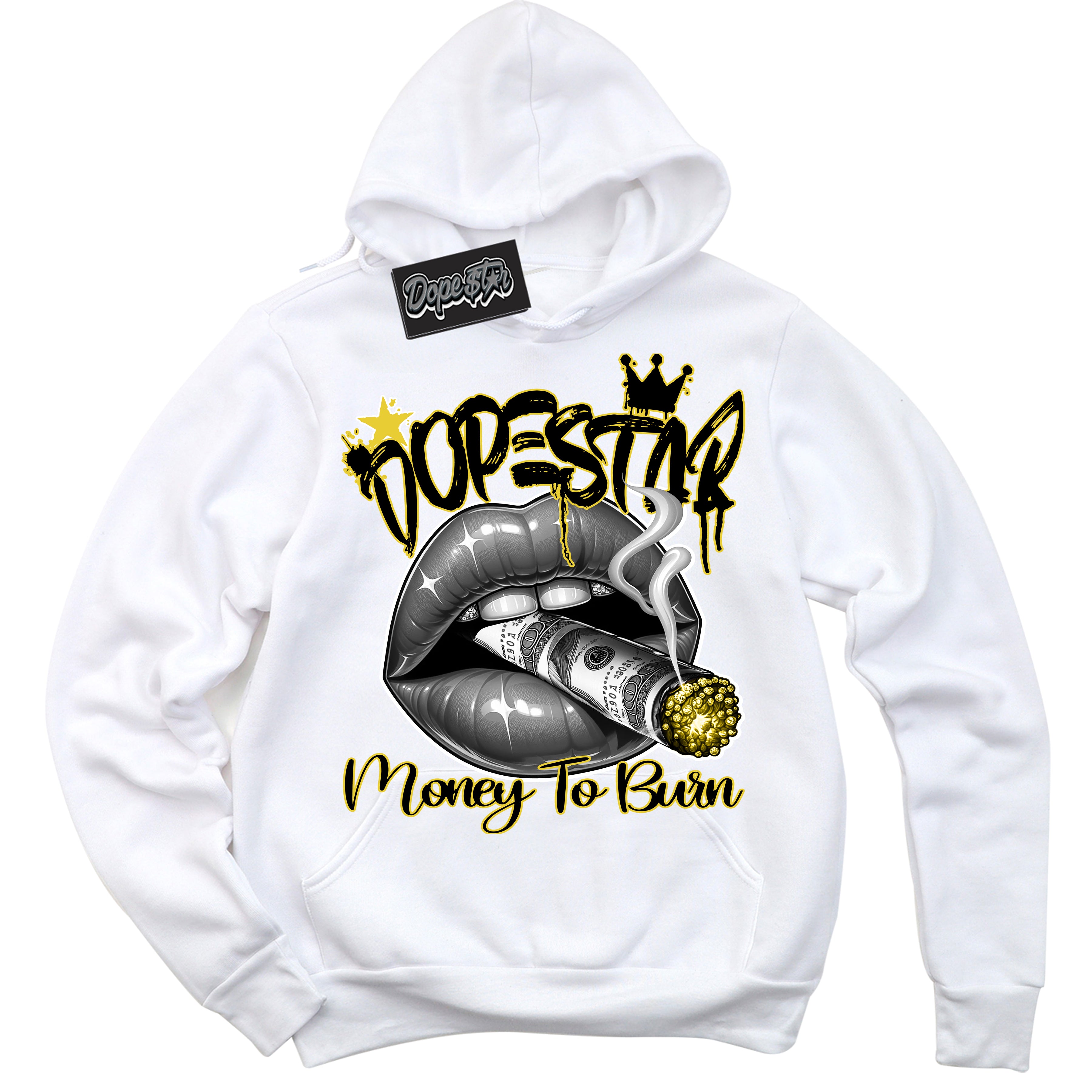 Cool White Hoodie with “ Money To Burn ” design that Perfectly Matches Vivid Sulfur 4s Sneakers.
