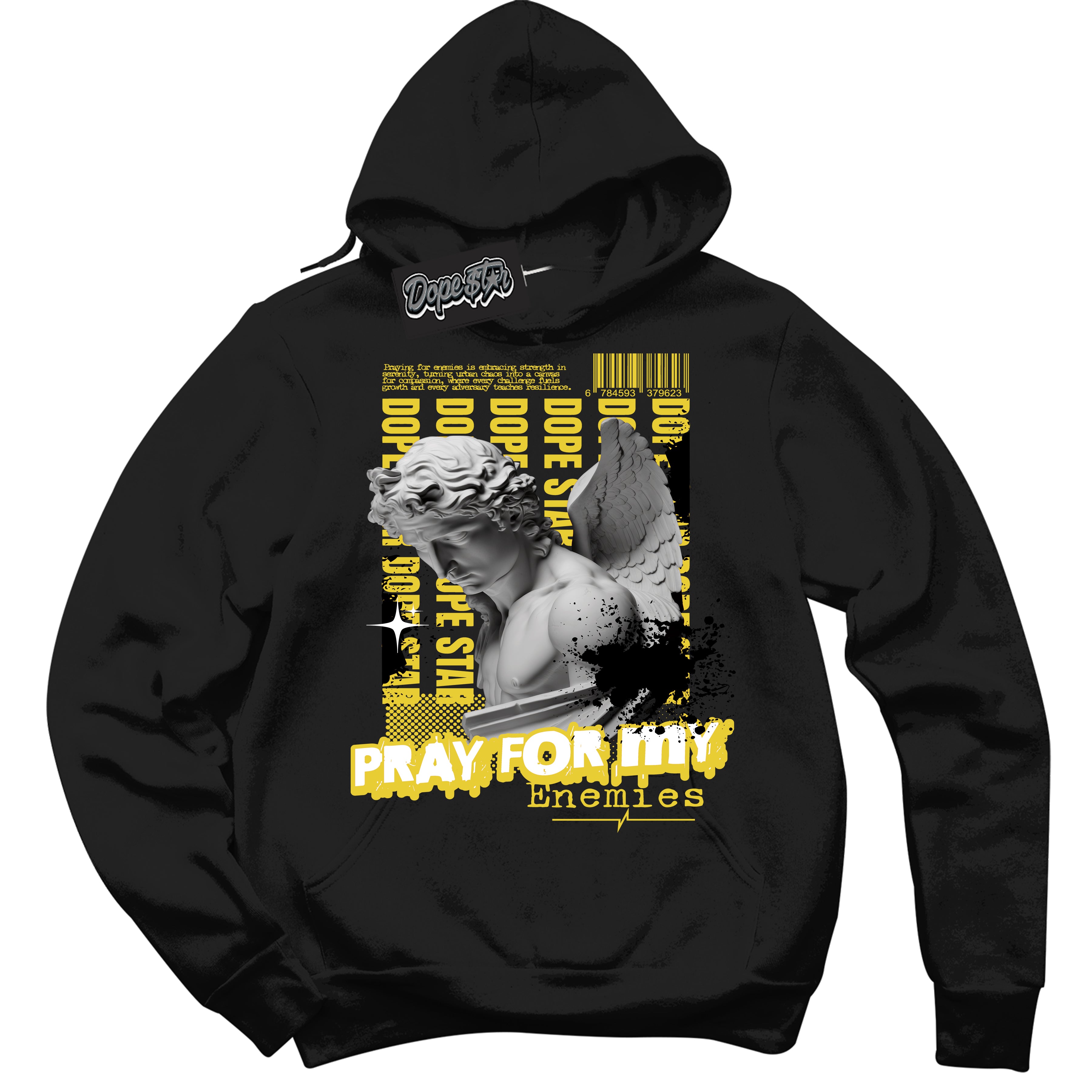 Cool Black Hoodie with “ Pray Enemies ” design that Perfectly Matches Vivid Sulfur 4s Sneakers.
