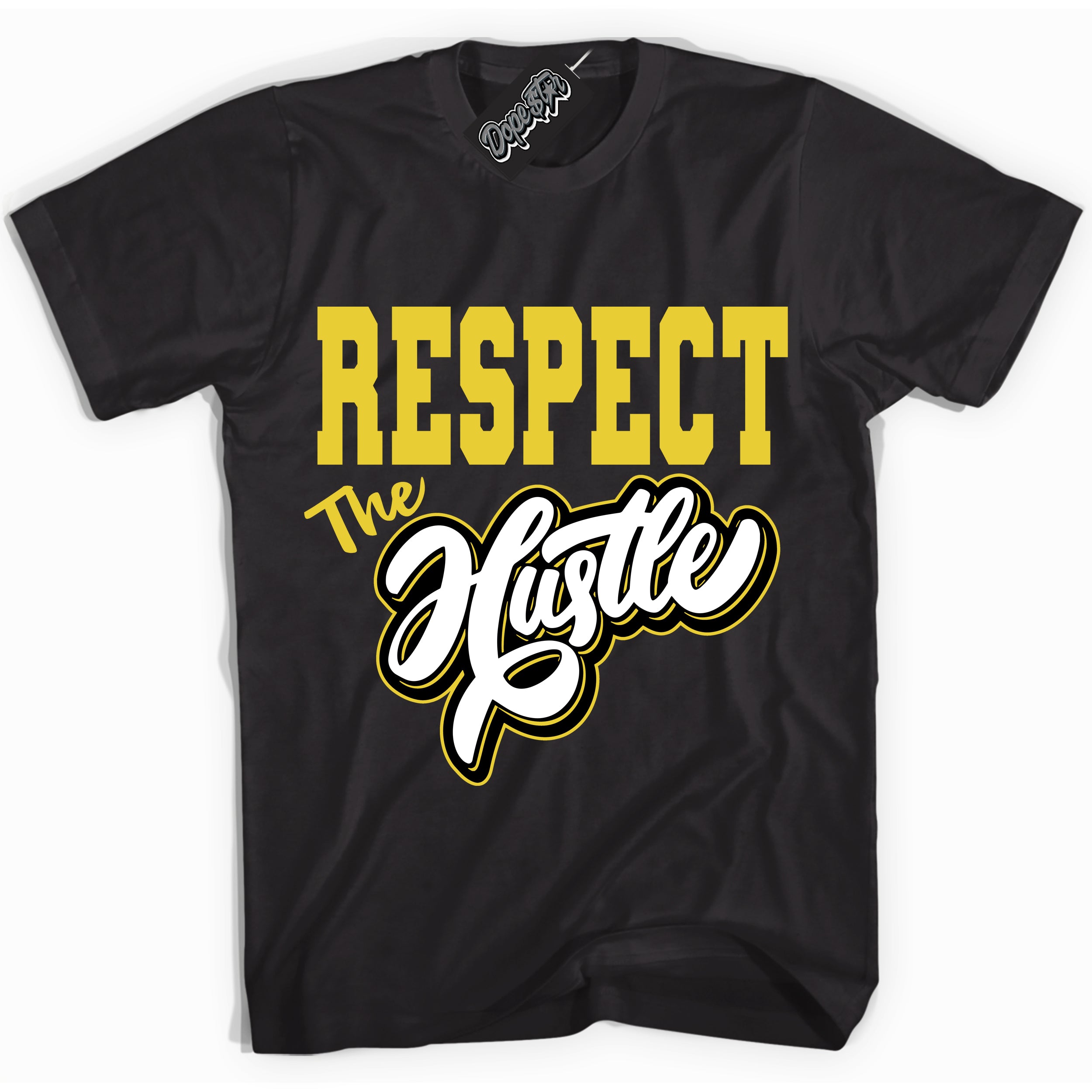 Cool Black Shirt with “ Respect The Hustle” design that perfectly matches Vivid Sulfur 4s Jordans.