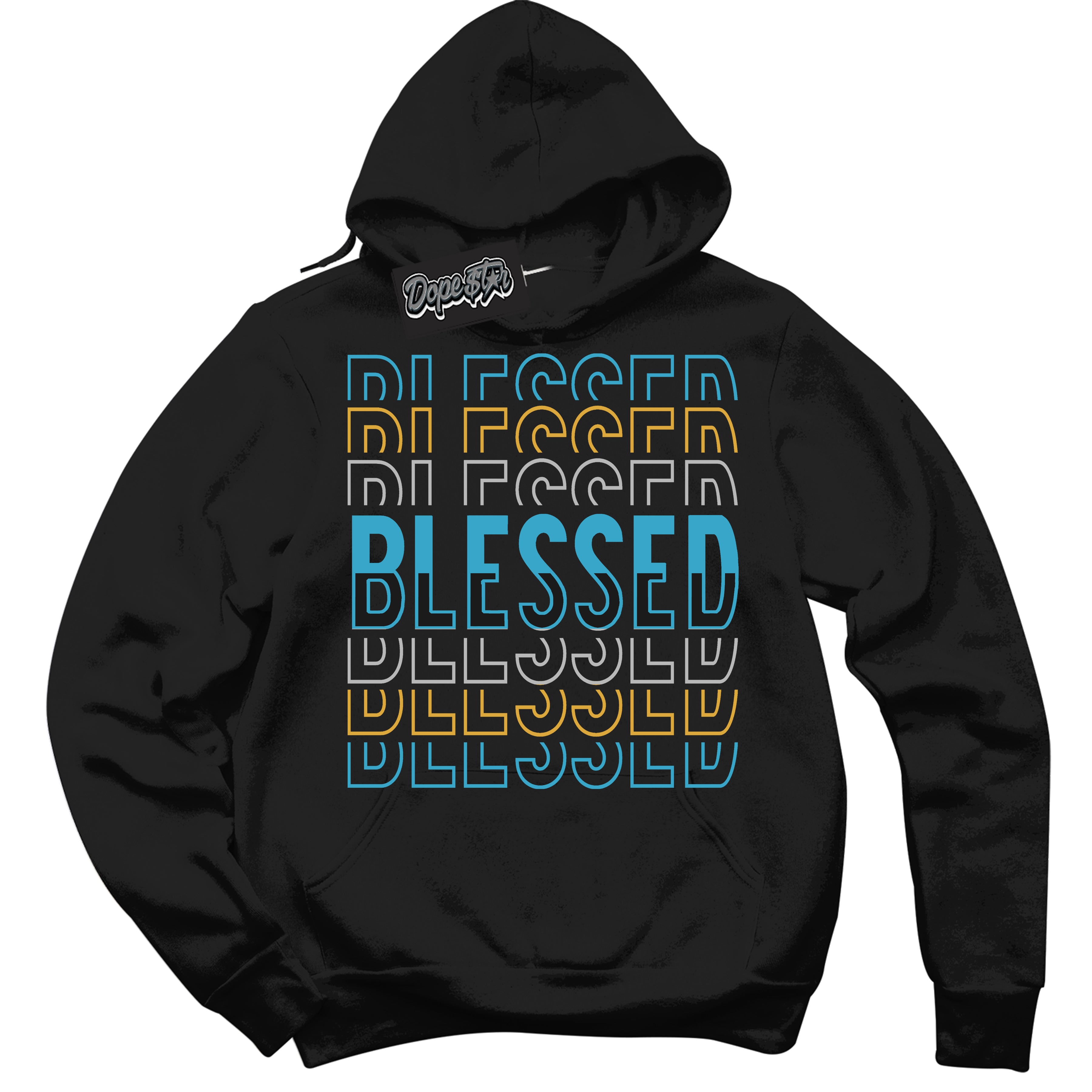 Cool Black Hoodie with “ Blessed Stacked ” design that Perfectly Matches Aqua 5s Sneakers.