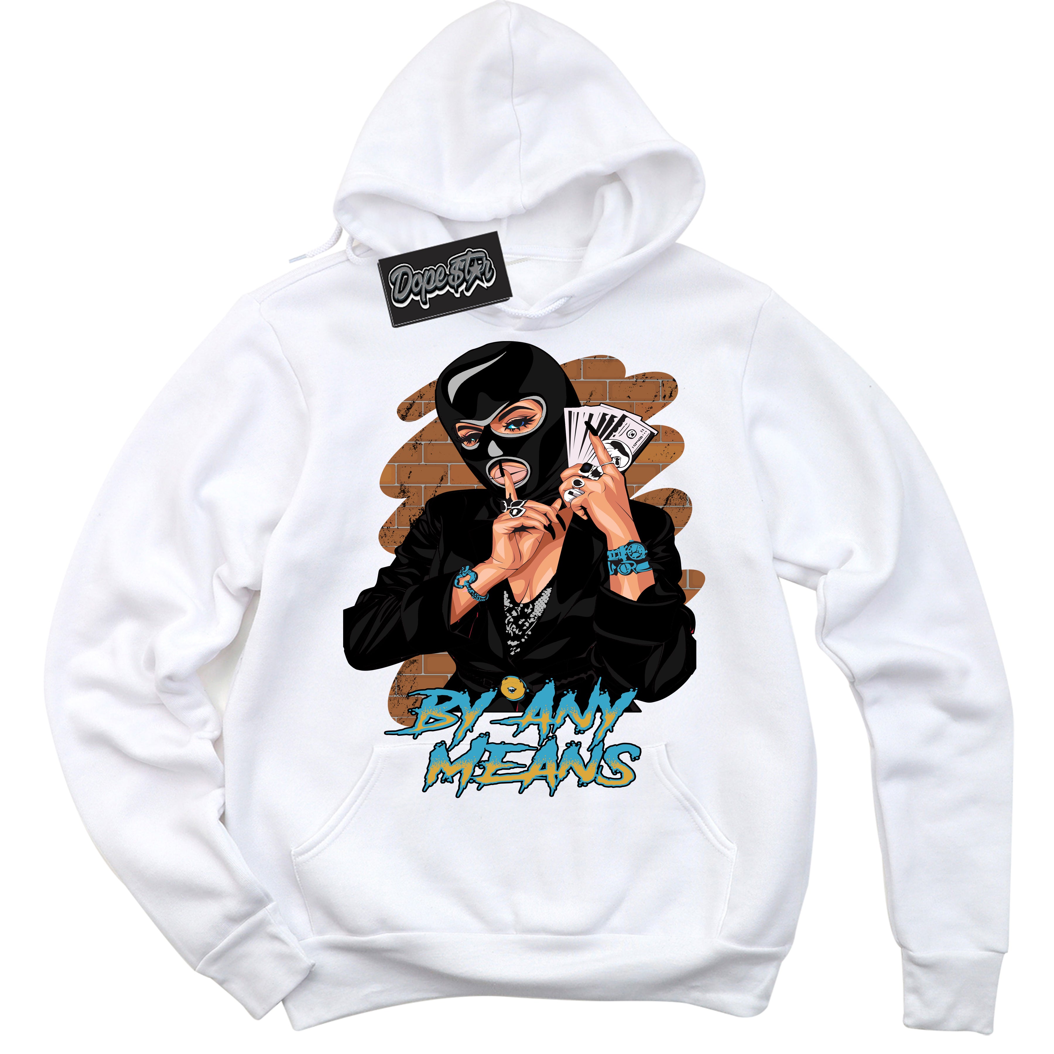 Cool White Hoodie with “ By Any Means ” design that Perfectly Matches Aqua 5s Sneakers.
