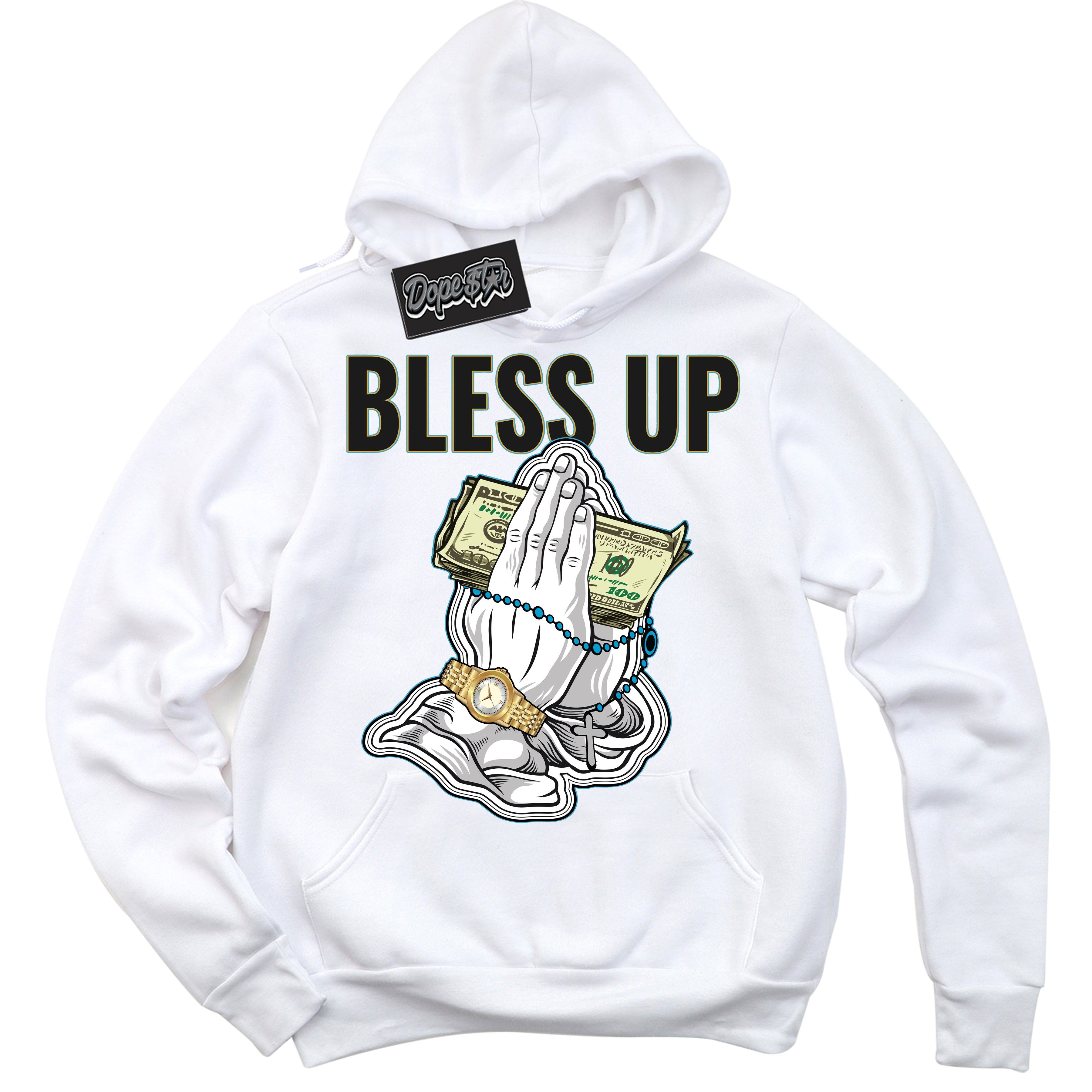 Cool White Hoodie with “ Bless Up ” design that Perfectly Matches Aqua 5s Sneakers.
