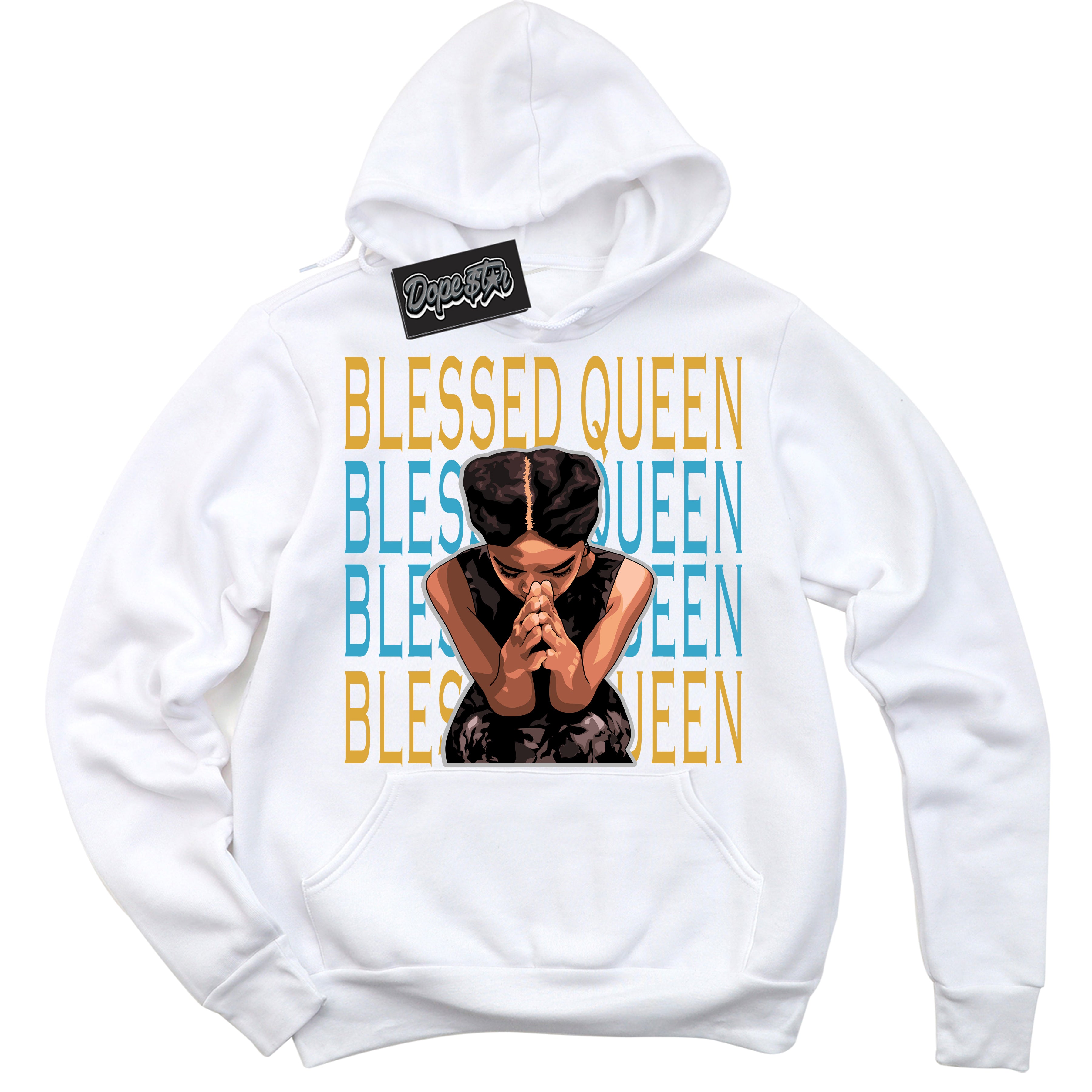 Cool White Hoodie with “ Blessed Queen ” design that Perfectly Matches Aqua 5s Sneakers.