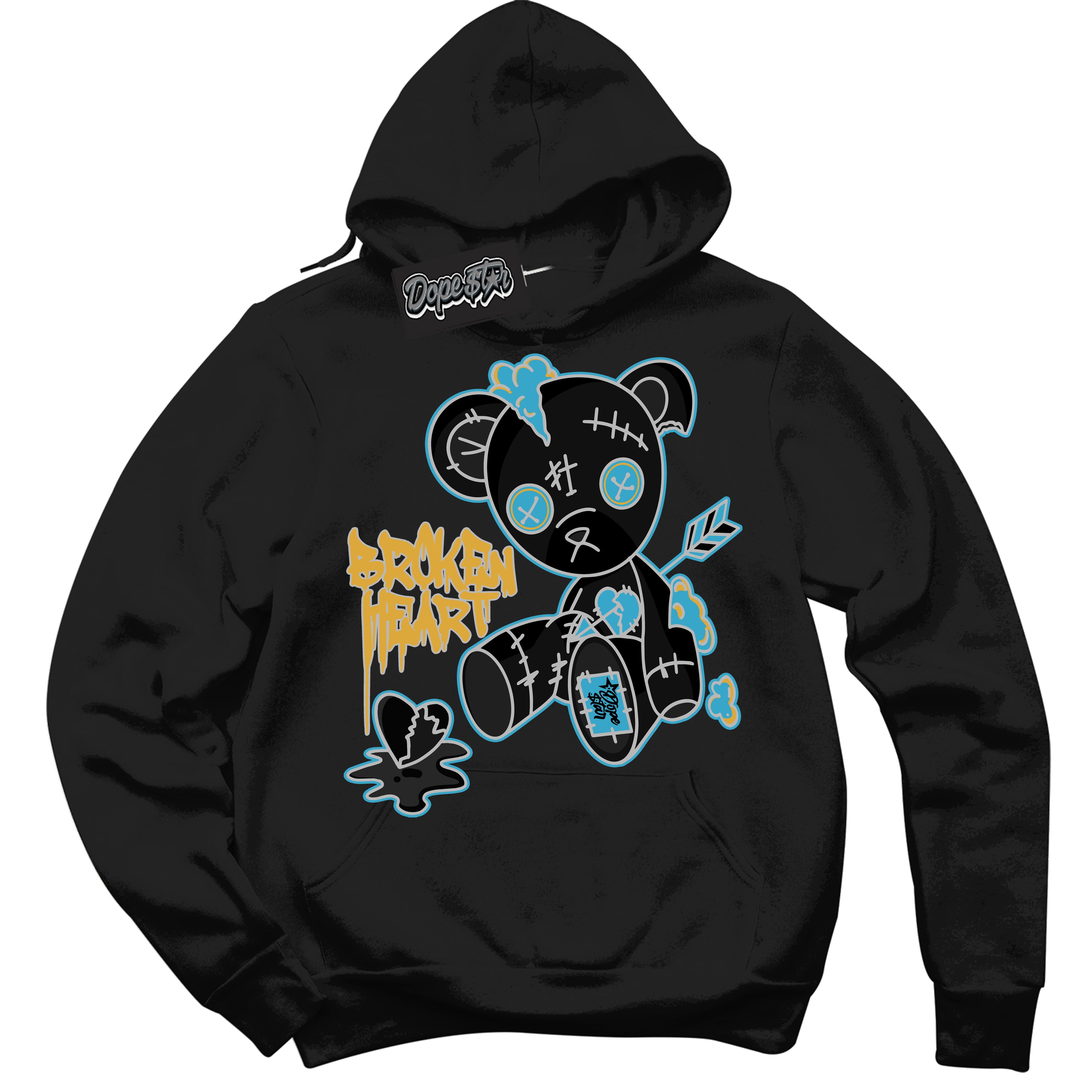 Cool Black Hoodie with “ Broken Heart Bear ” design that Perfectly Matches Aqua 5s Sneakers.