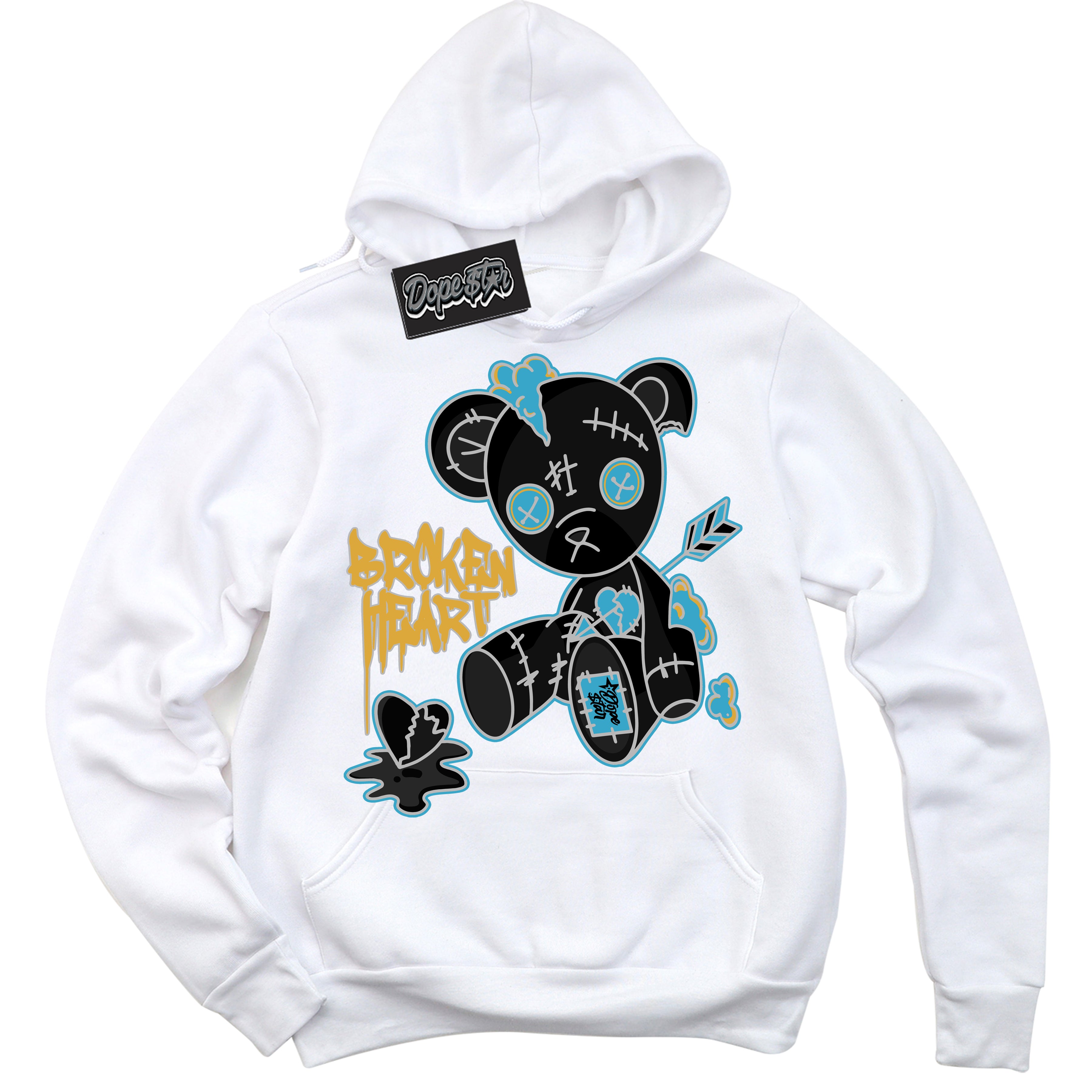 Cool White Hoodie with “ Broken Heart Bear ” design that Perfectly Matches Aqua 5s Sneakers.