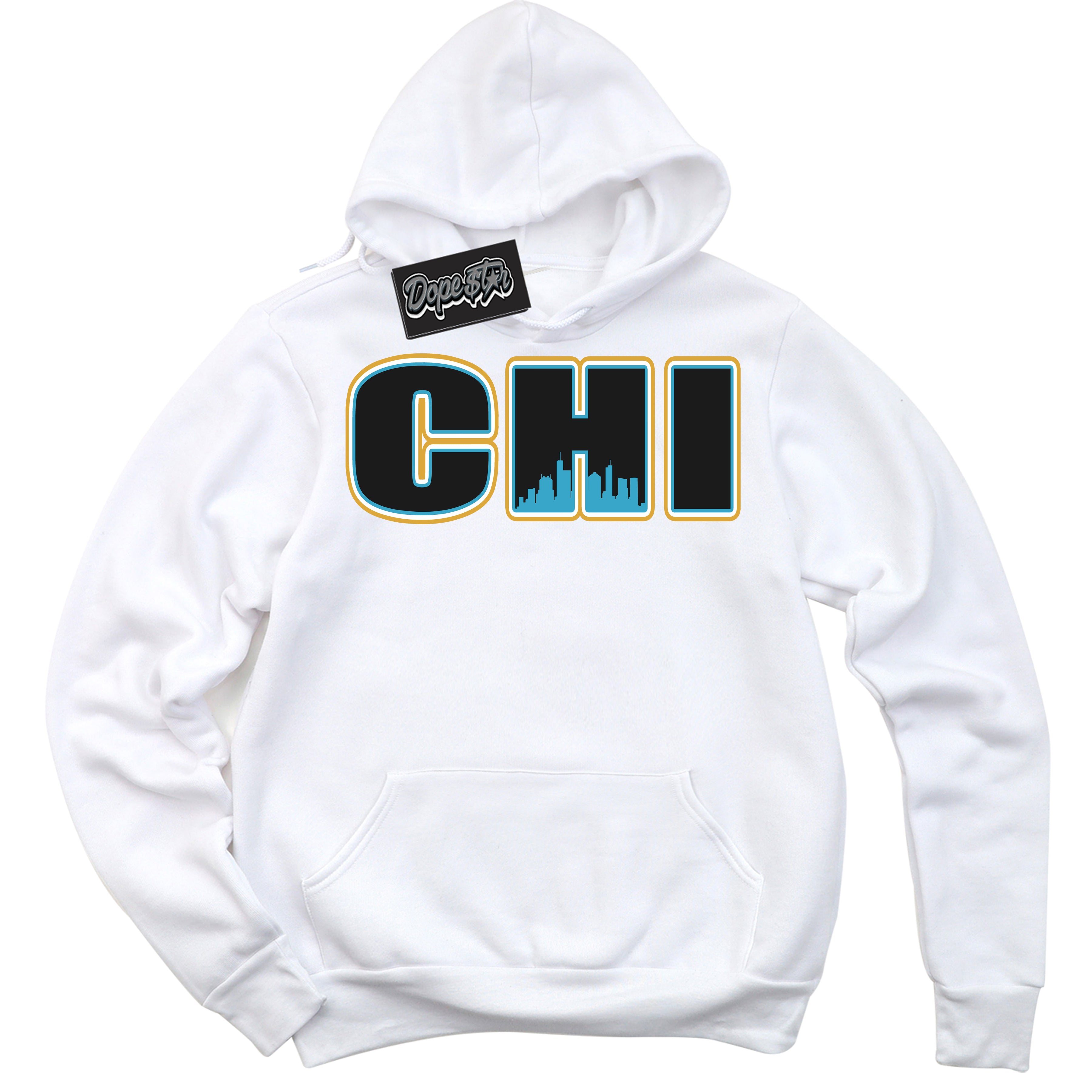 Cool White Hoodie with “ Chicago ” design that Perfectly Matches Aqua 5s Sneakers.