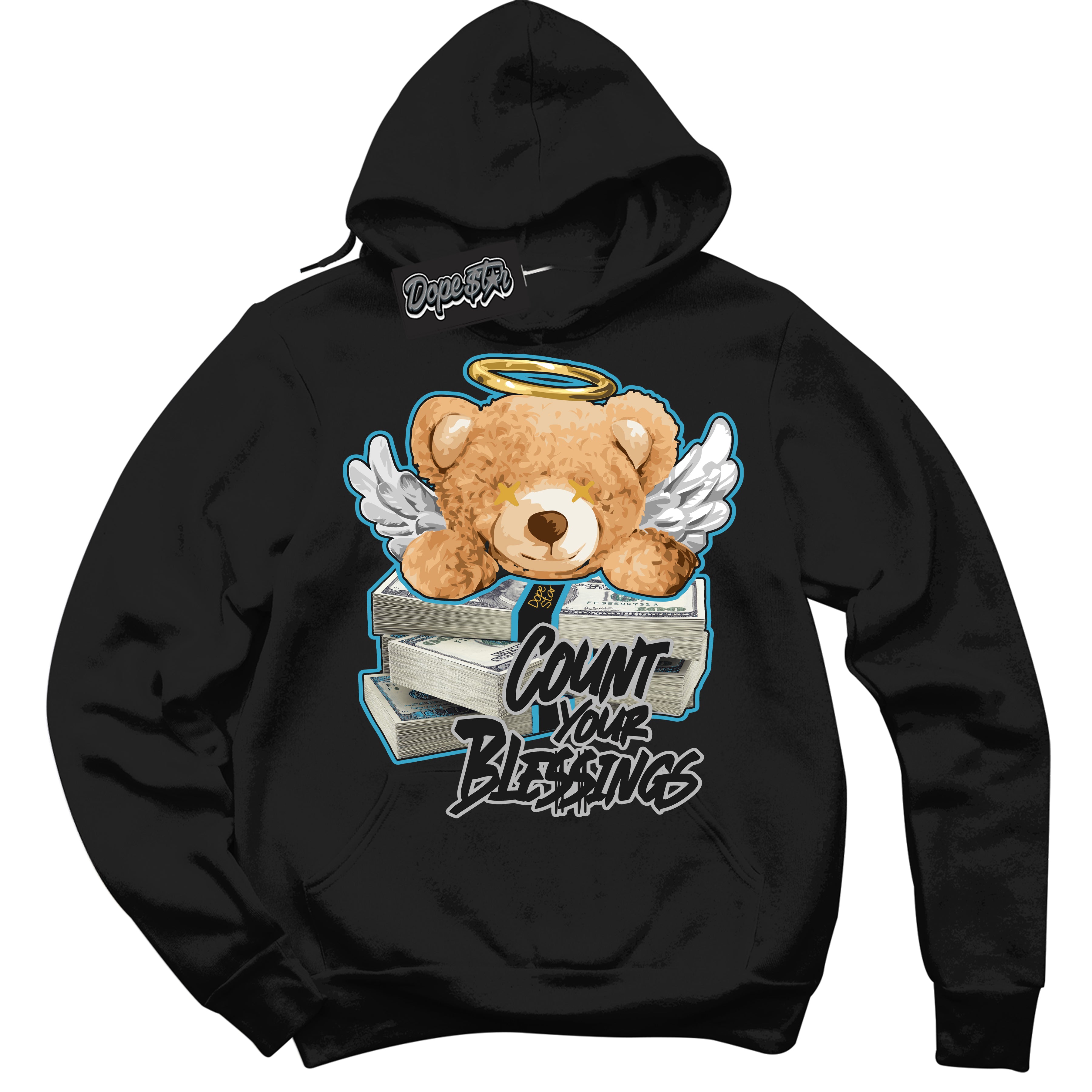 Cool Black Hoodie with “ Count Your Blessings ” design that Perfectly Matches Aqua 5s Sneakers.