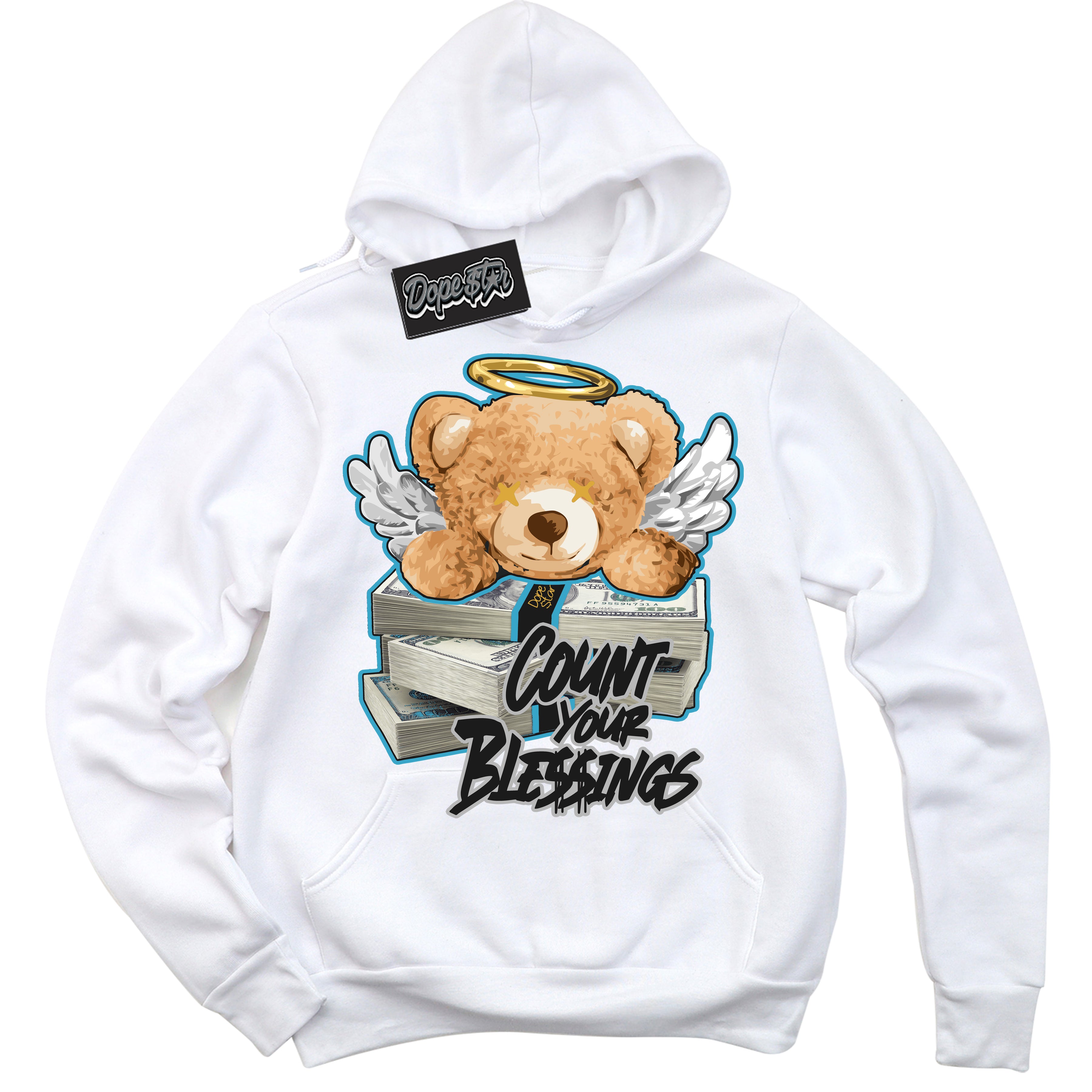 Cool White Hoodie with “ Count Your Blessings ” design that Perfectly Matches Aqua 5s Sneakers.