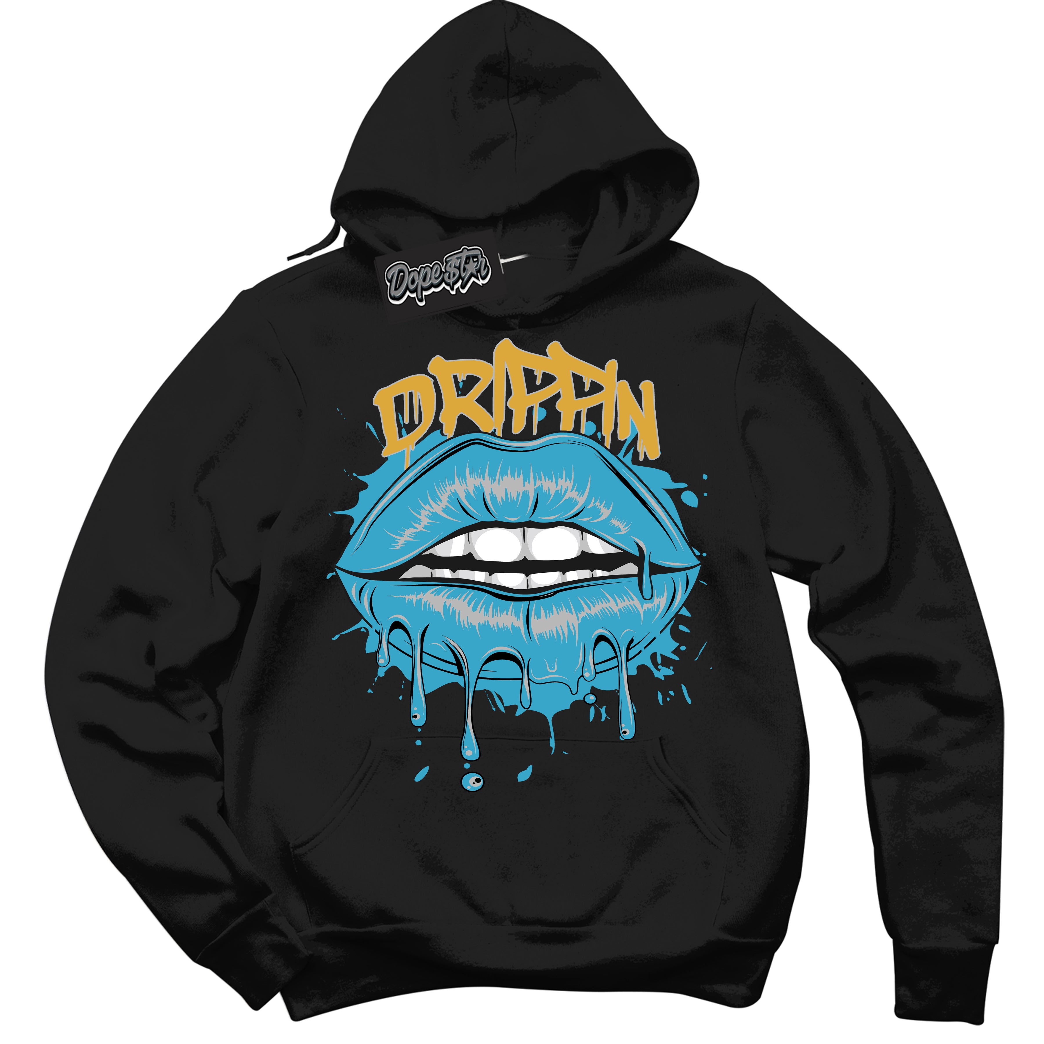 Cool Black Hoodie with “ Drippin ” design that Perfectly Matches Aqua 5s Sneakers.