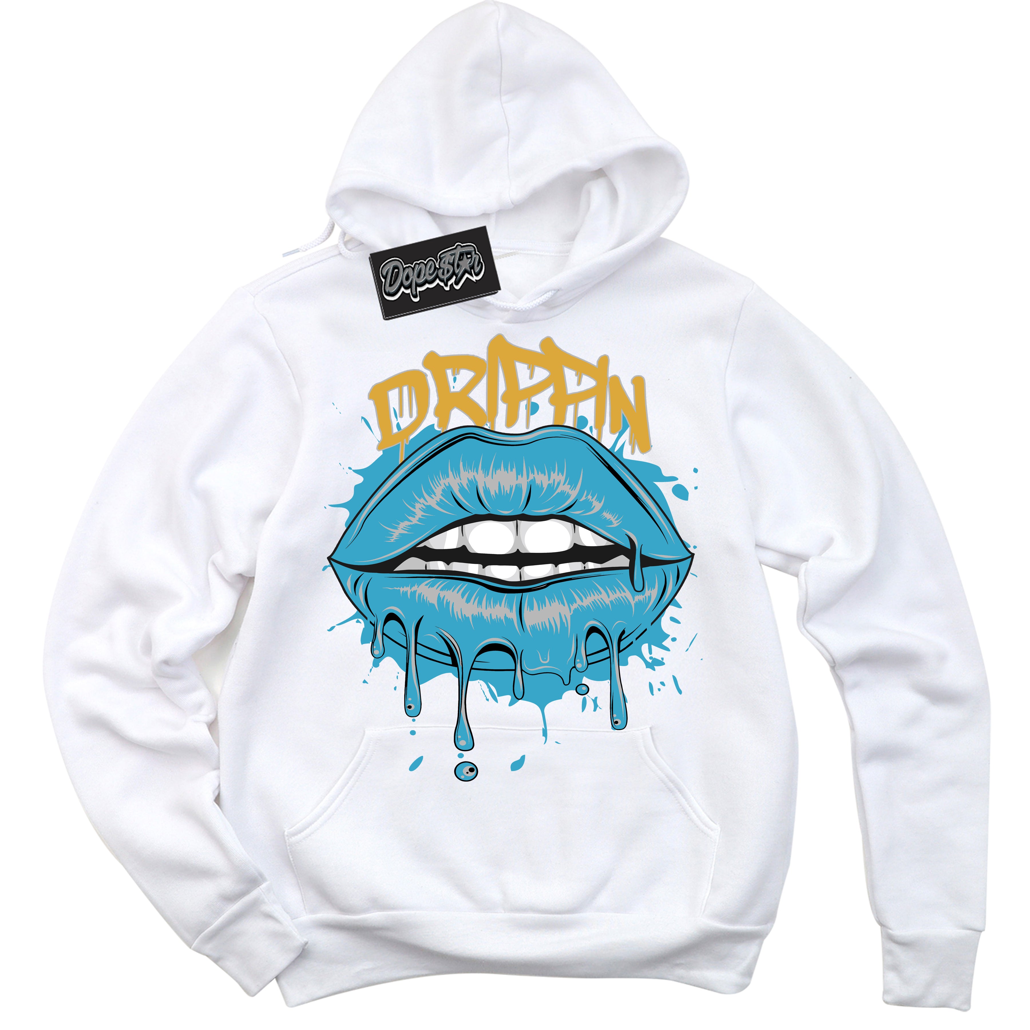 Cool White Hoodie with “ Drippin ” design that Perfectly Matches Aqua 5s Sneakers.