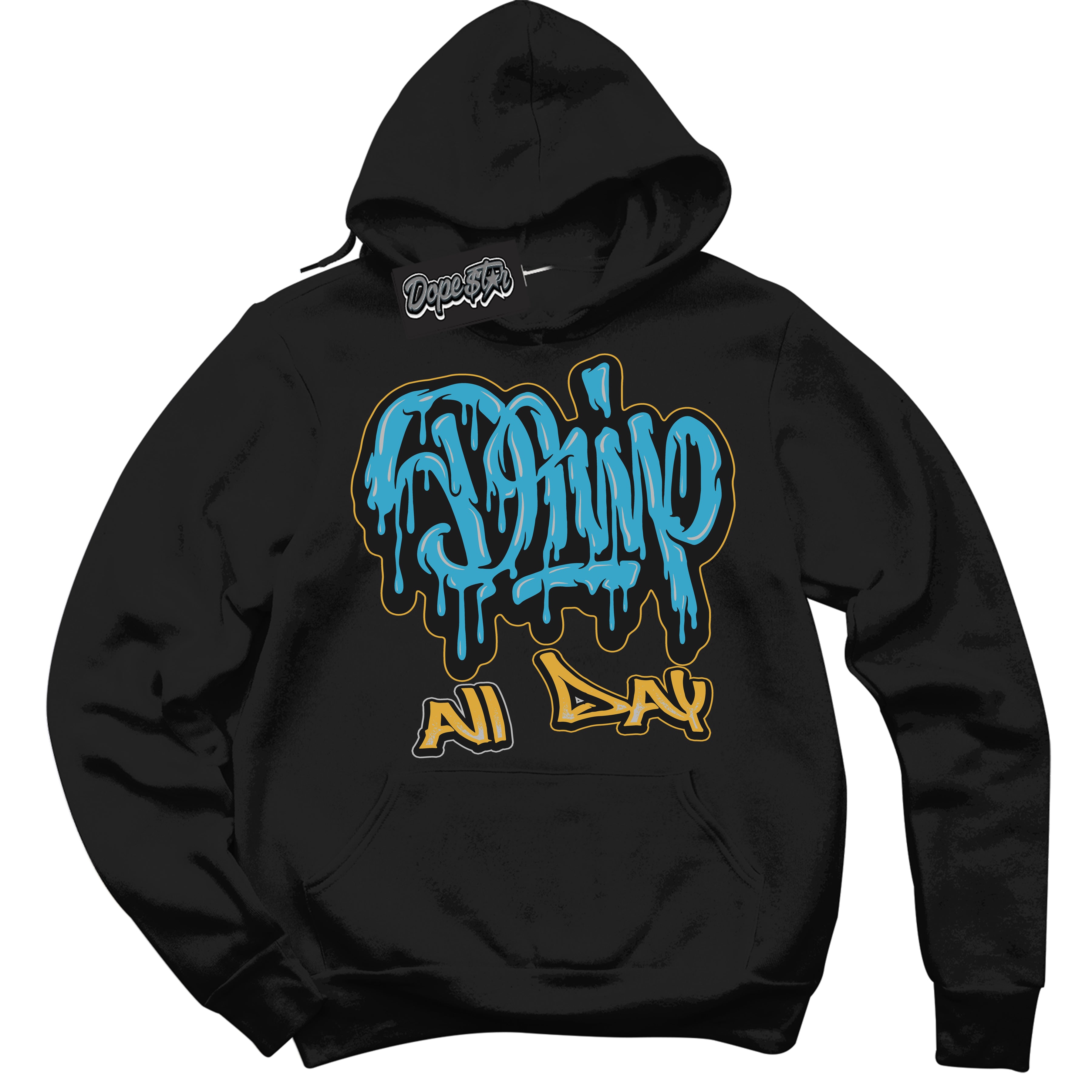 Cool Black Hoodie with “ Drip All Day ” design that Perfectly Matches Aqua 5s Sneakers.