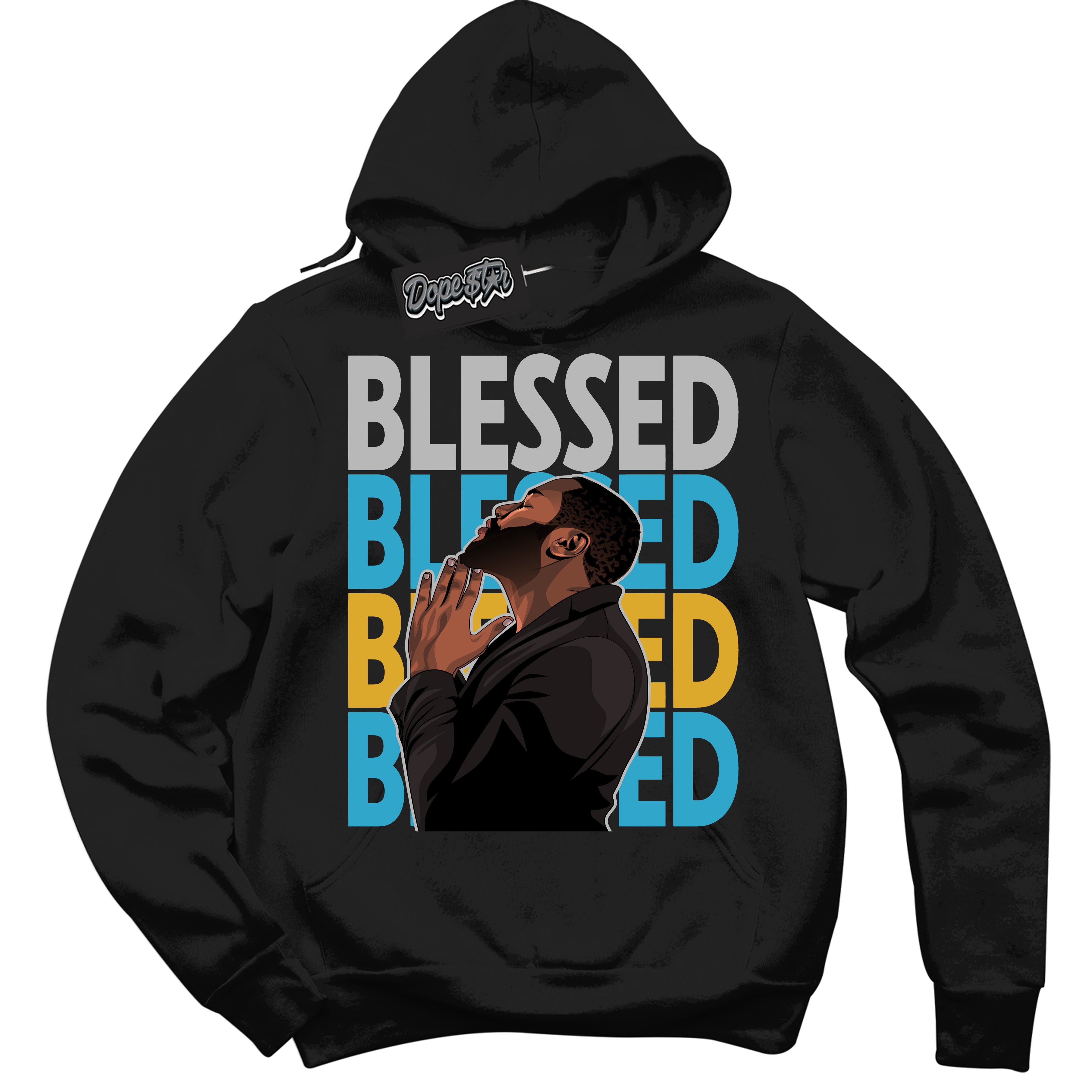 Cool Black Graphic Hoodie with “ God Blessed “ print, that perfectly matches Air Jordan 5 AQUA sneakers