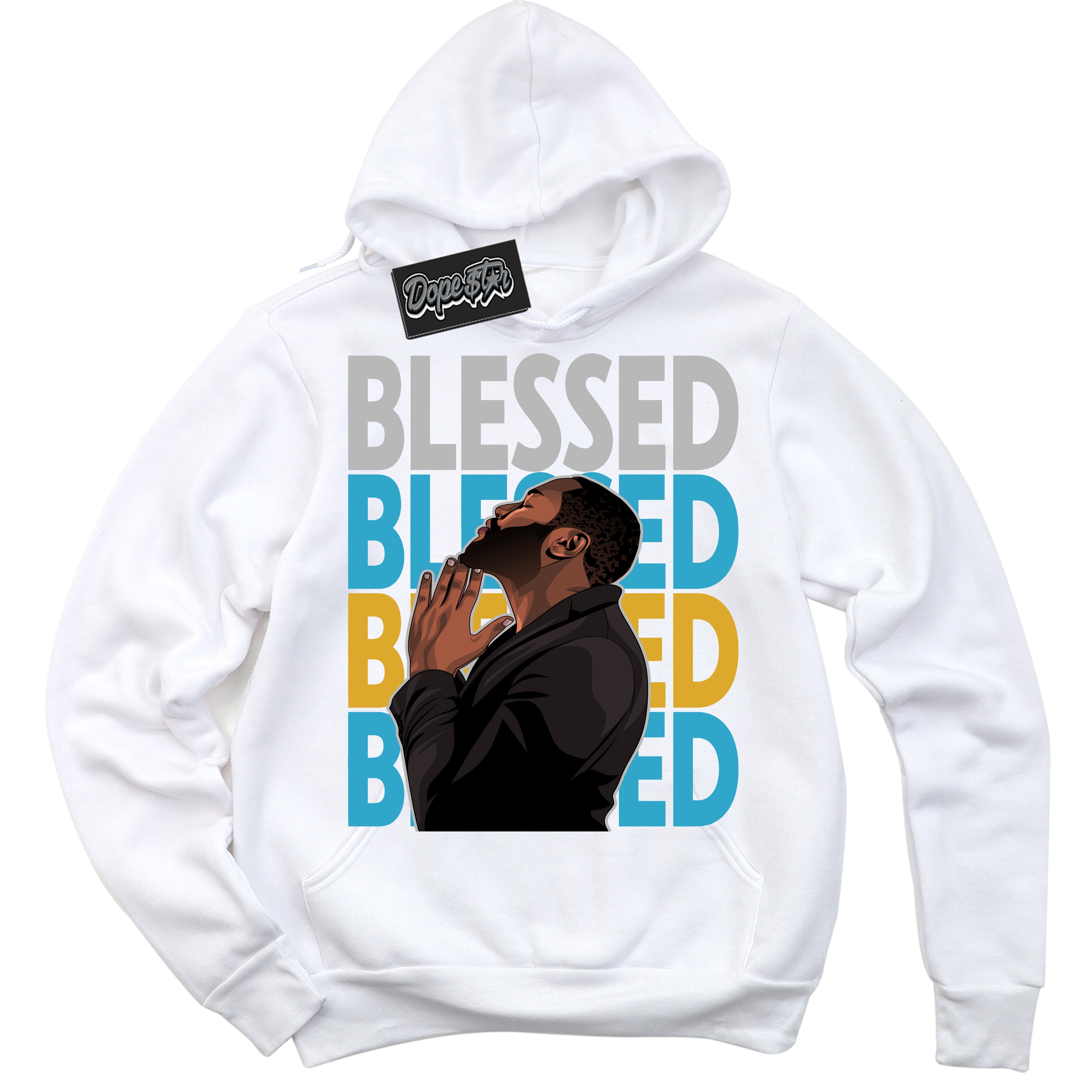 Cool White Graphic Hoodie with “ God Blessed“ print, that perfectly matches Air Jordan 5 AQUA sneakers