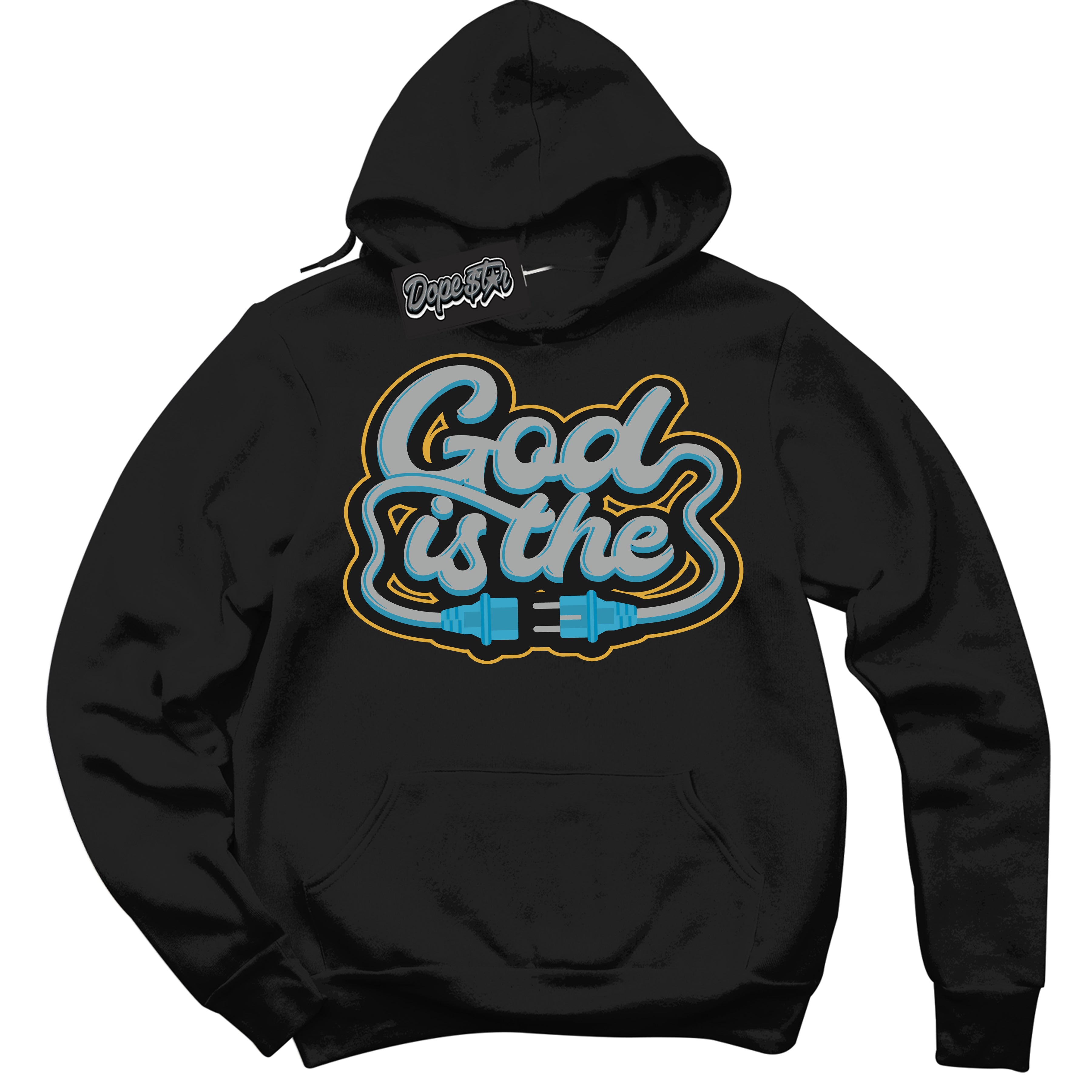 Cool Black Hoodie with “ God Is The ” design that Perfectly Matches Aqua 5s Sneakers.