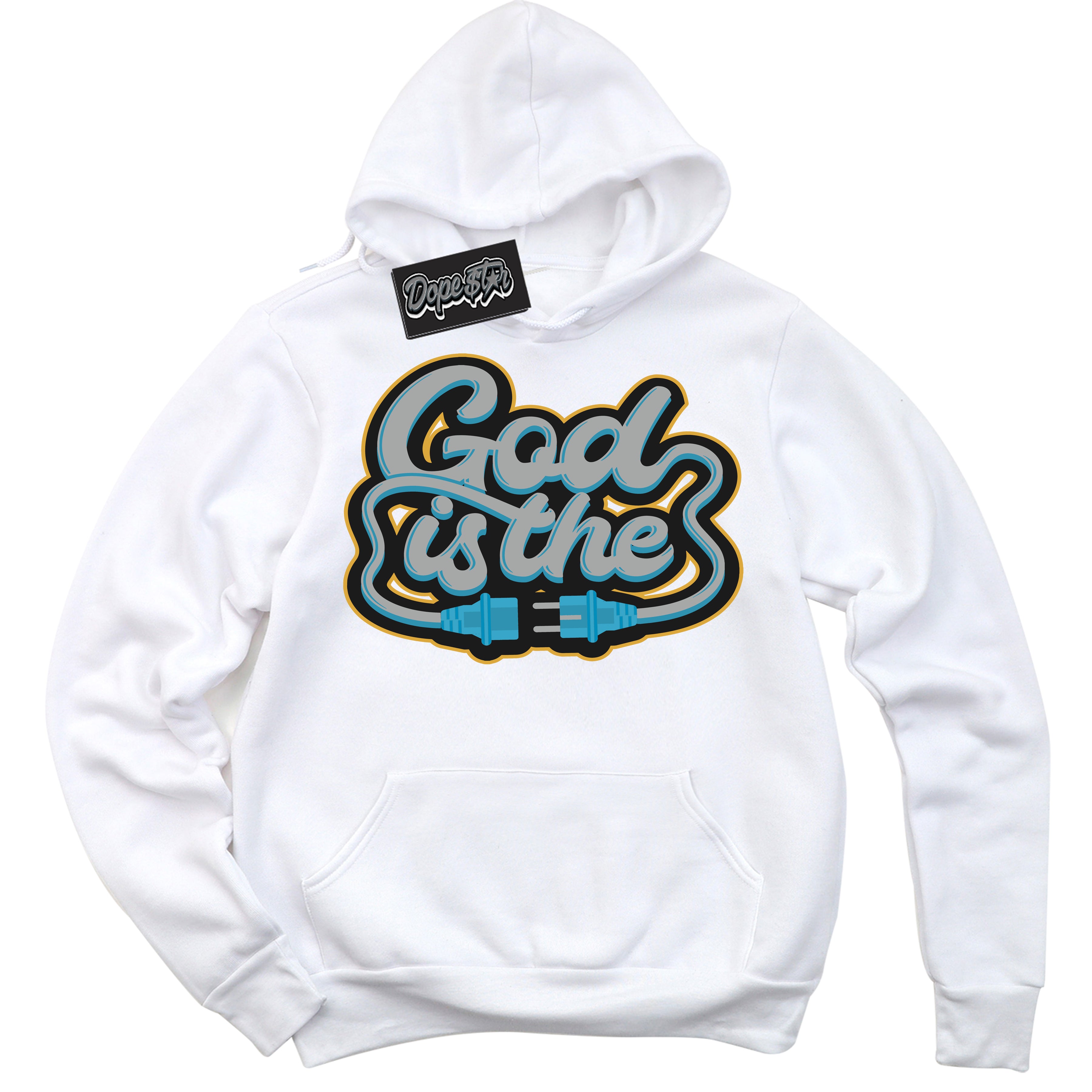 Cool White Hoodie with “ God Is The ” design that Perfectly Matches Aqua 5s Sneakers.