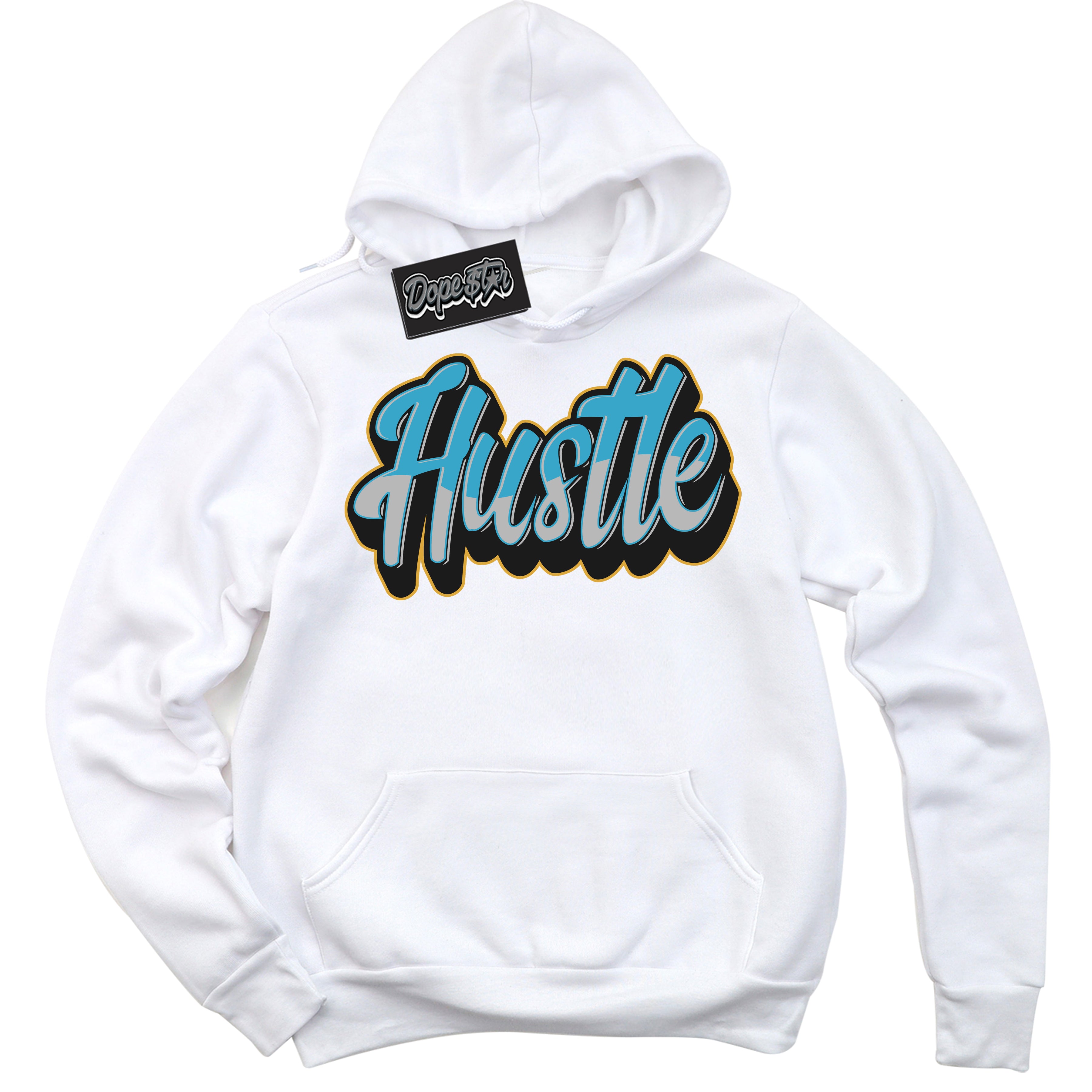Cool White Hoodie with “ Hustle ” design that Perfectly Matches Aqua 5s Sneakers.