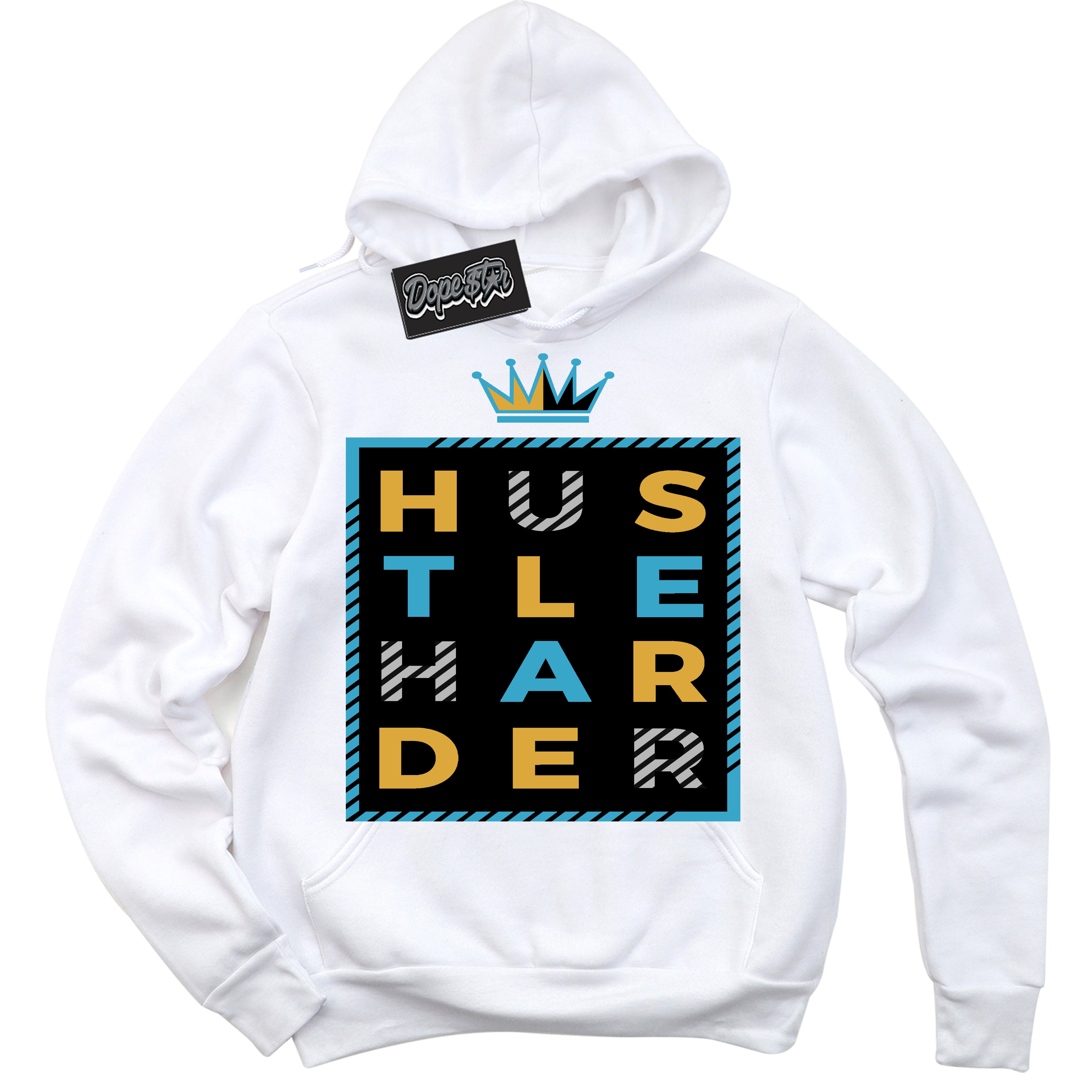 Cool White Hoodie with “ Hustle Harder ” design that Perfectly Matches Aqua 5s Sneakers.