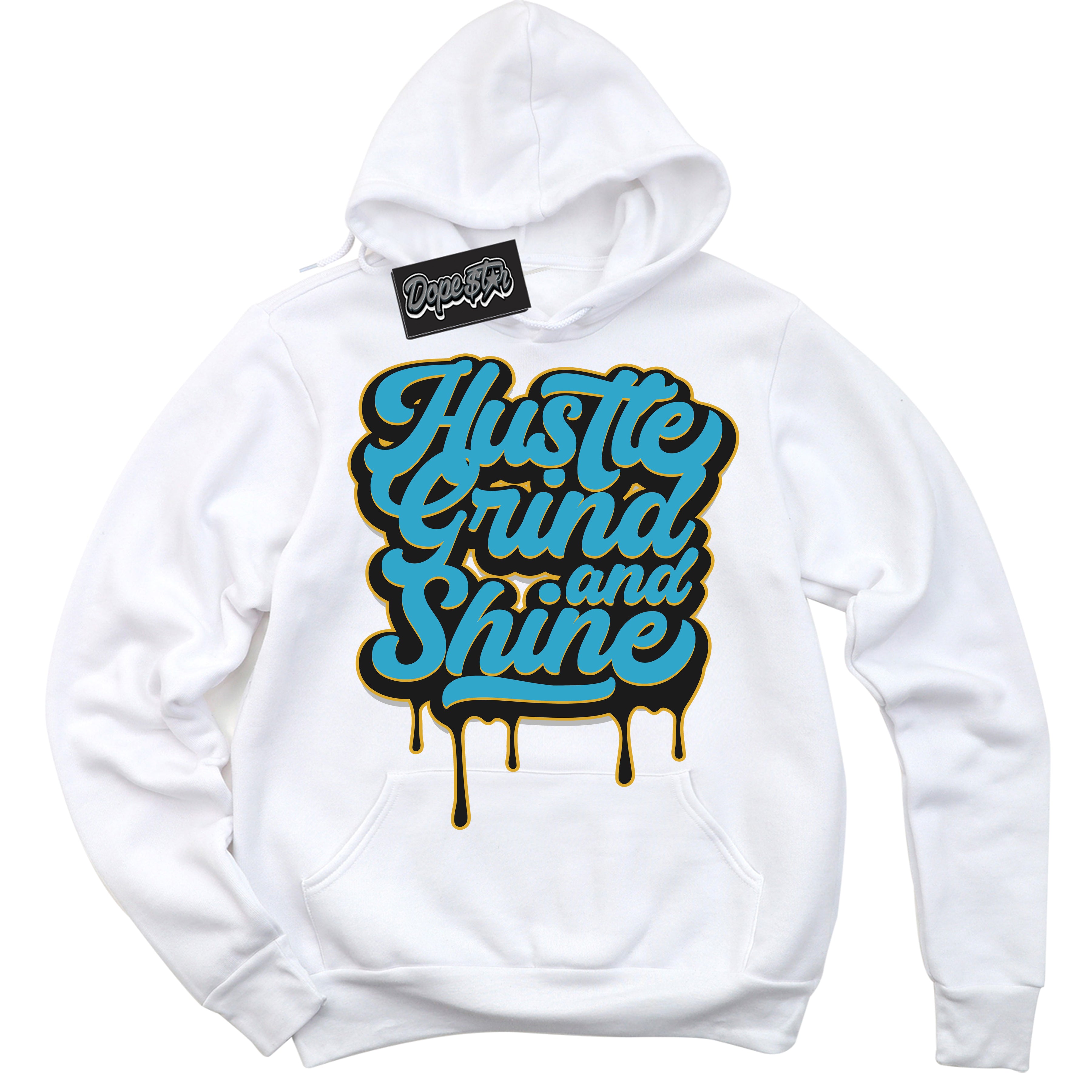 Cool White Hoodie with “ Hustle Grind And Shine ” design that Perfectly Matches Aqua 5s Sneakers.