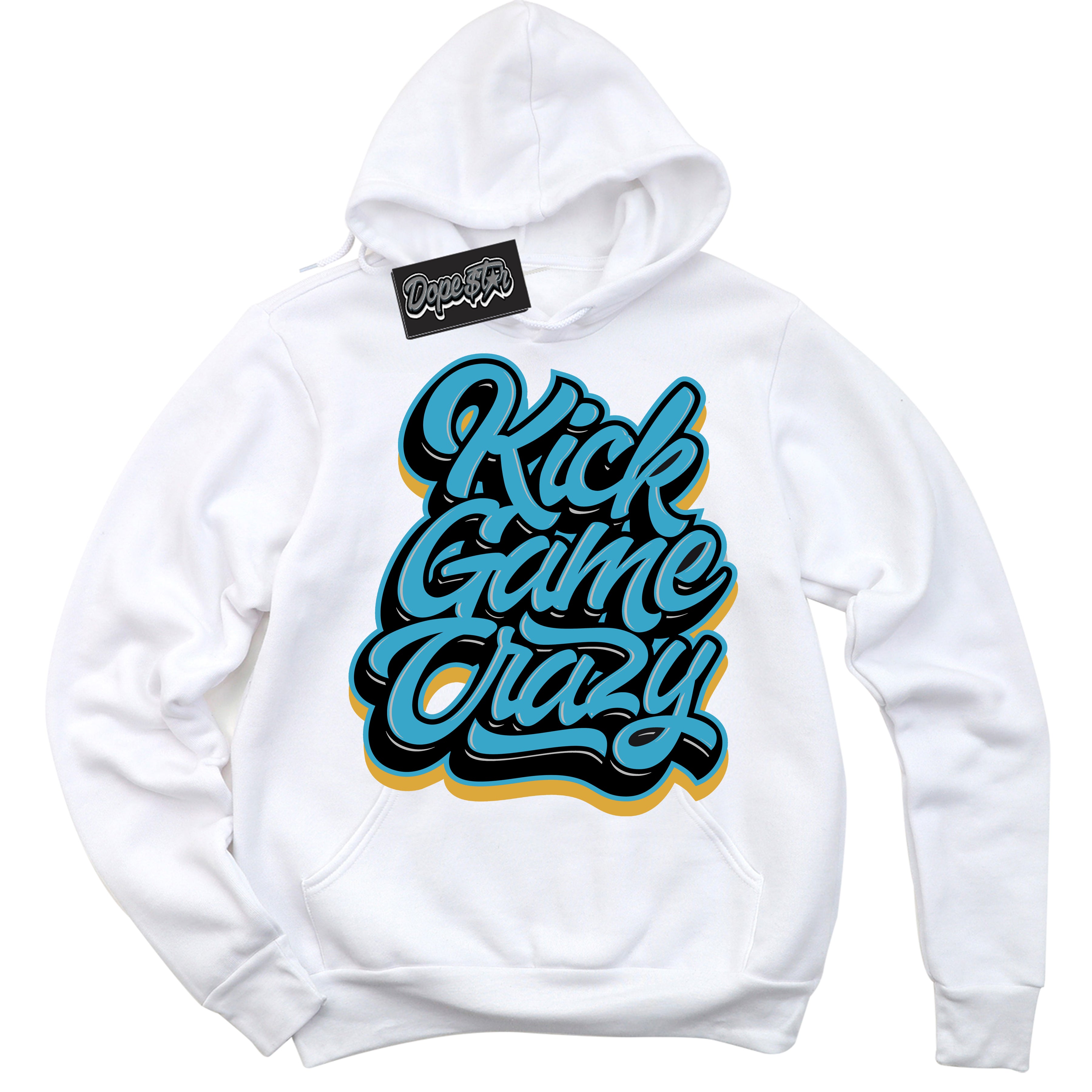 Cool White Hoodie with “ Kick Game Crazy ” design that Perfectly Matches Aqua 5s Sneakers.