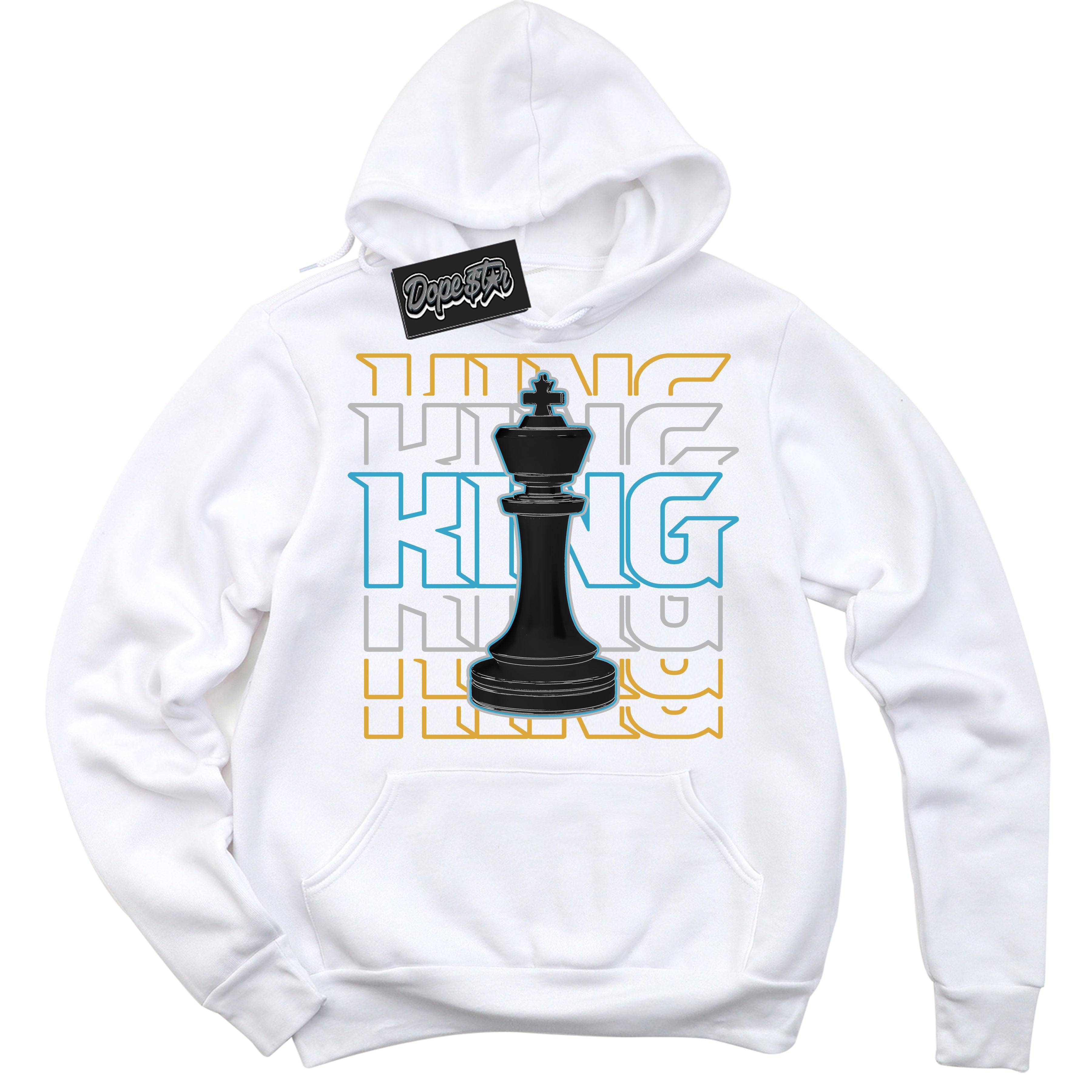 Cool White Hoodie with “ King Chess ” design that Perfectly Matches Aqua 5s Sneakers.